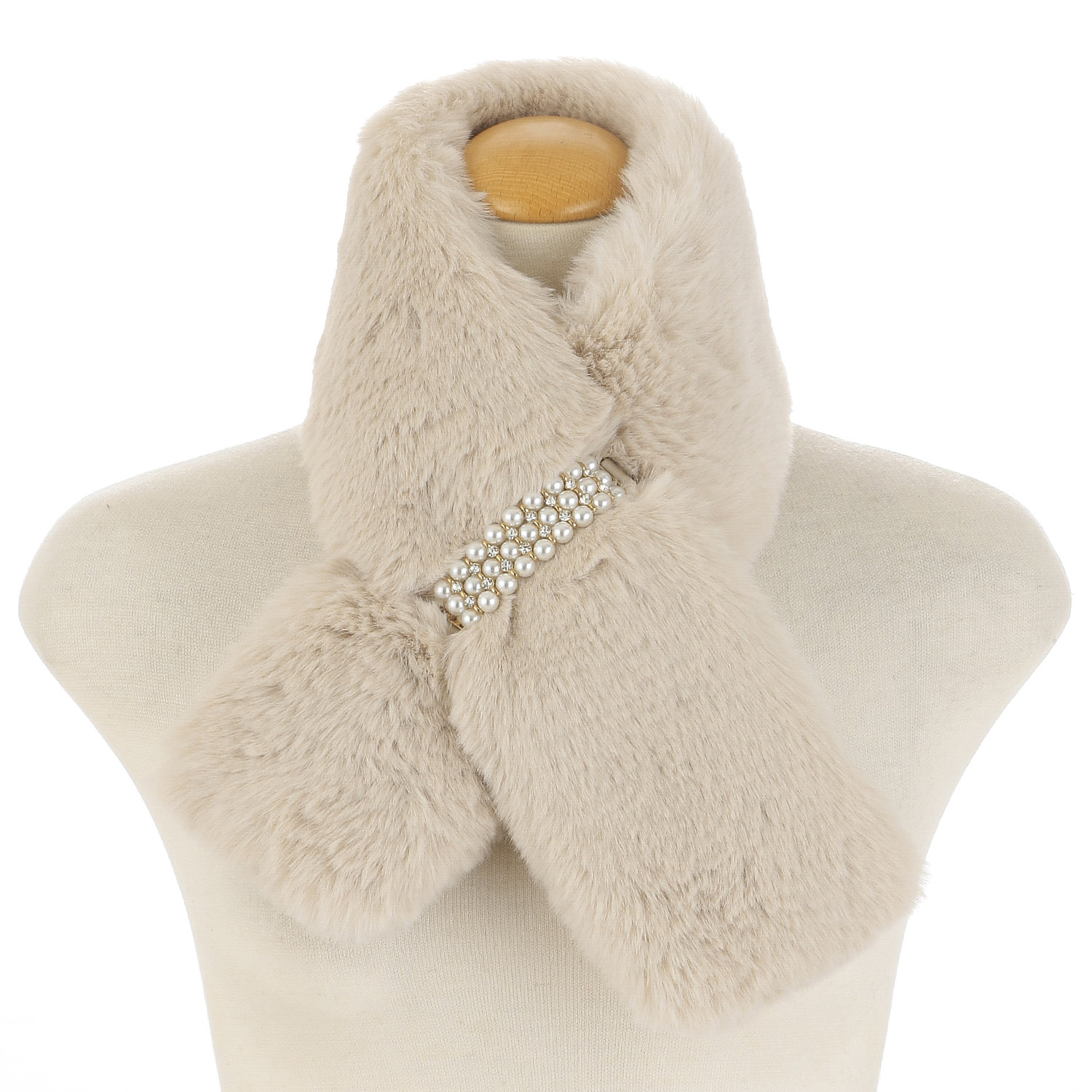 【ベージュ終了】フェイクファー パールビジュ－付きマフラー - 画像3