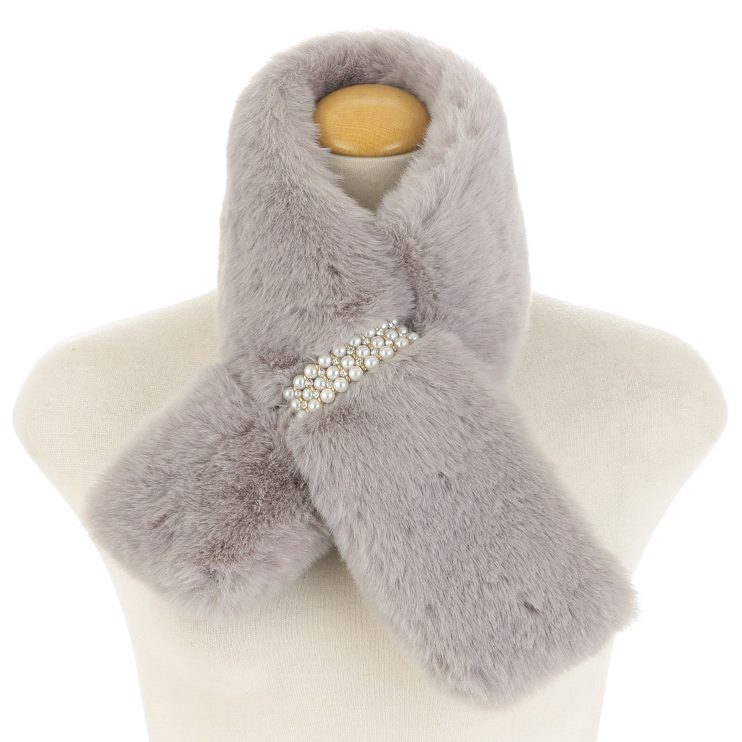 【ベージュ終了】フェイクファー パールビジュ－付きマフラー - 画像1
