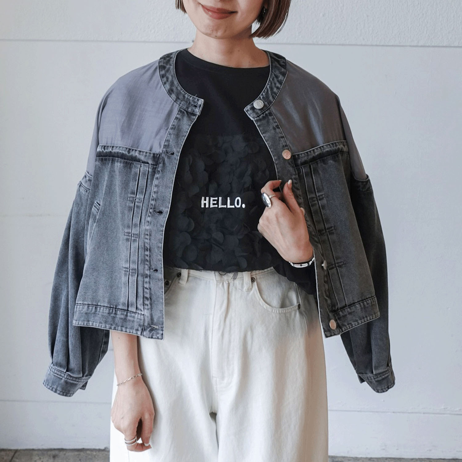 QTUME リメイク風デニムコンビジャケット - 画像2