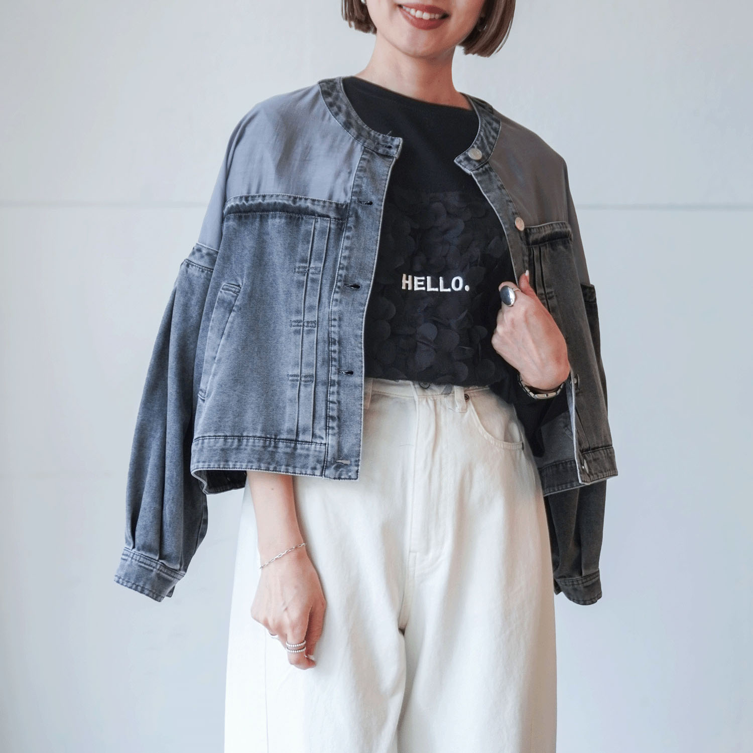 QTUME リメイク風デニムコンビジャケット - 画像8