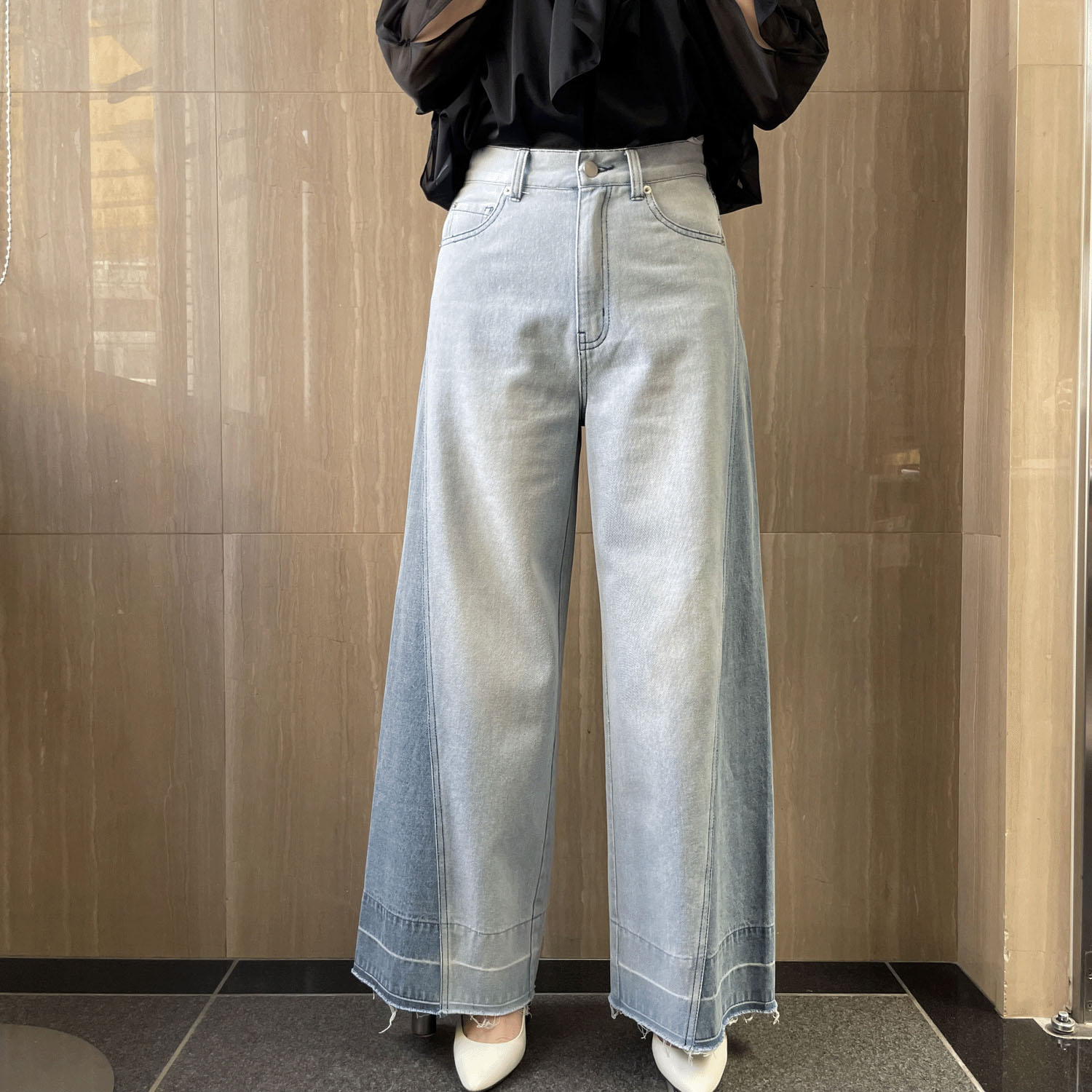 一珠 B7 サイド切替ワイドデニムパンツ - 画像2