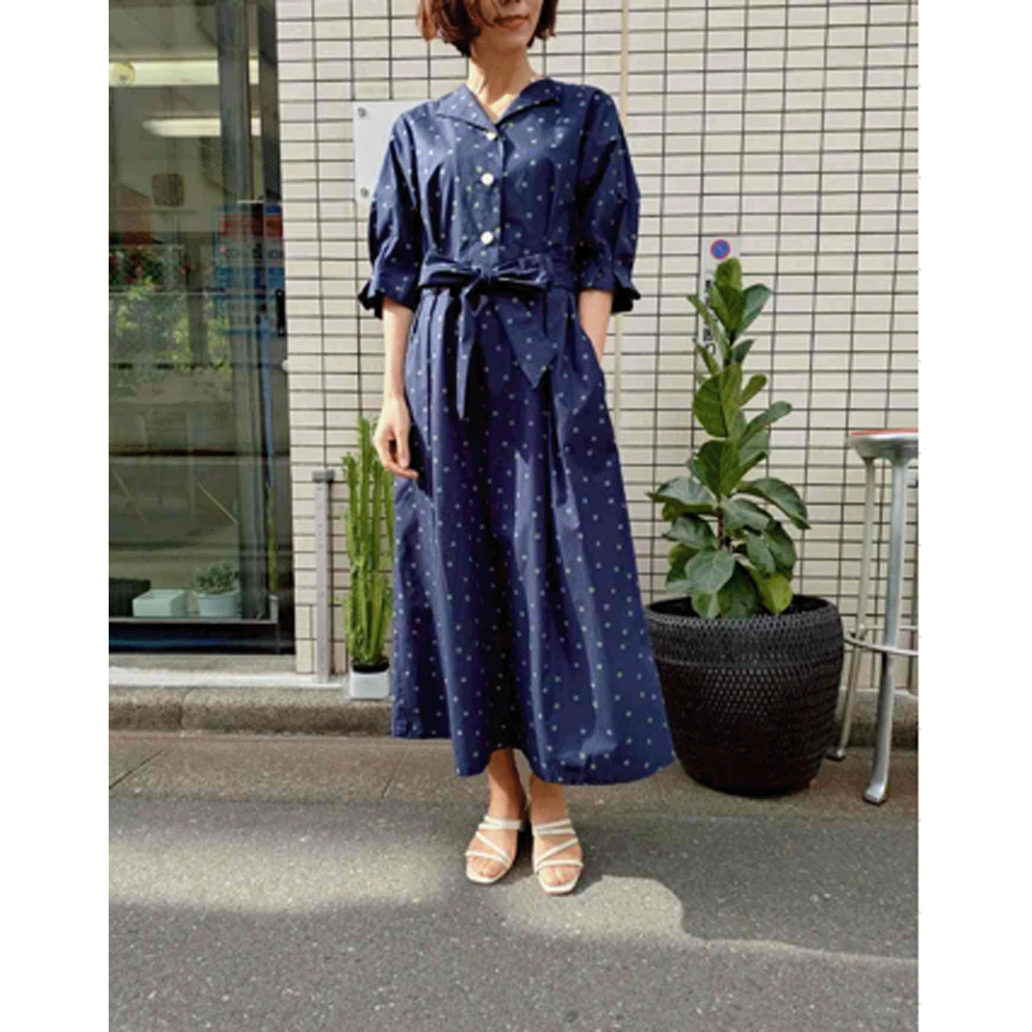 Doubleface Tokyo 水玉オープンカラーリボン付きワンピース