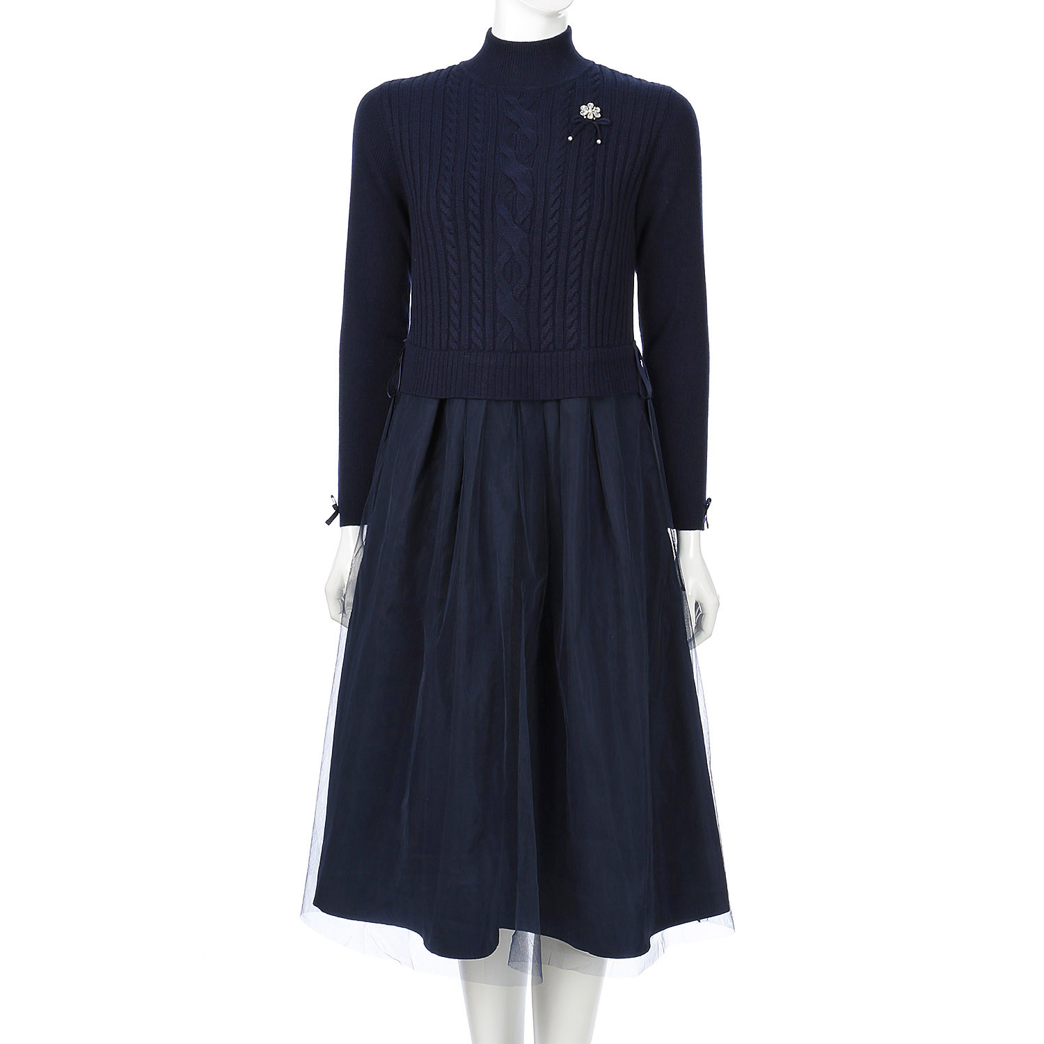 Super Beauty ウエスト異素材切替ケーブル編みハイネックワンピース - 画像12