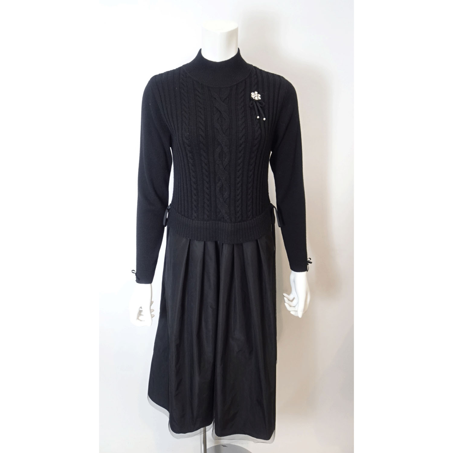 Super Beauty ウエスト異素材切替ケーブル編みハイネックワンピース - 画像3