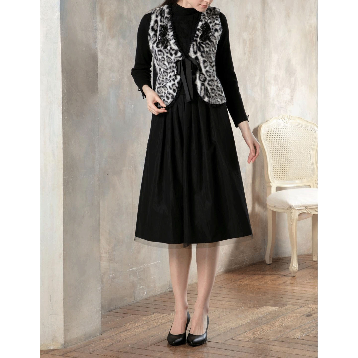 Super Beauty ウエスト異素材切替ケーブル編みハイネックワンピース