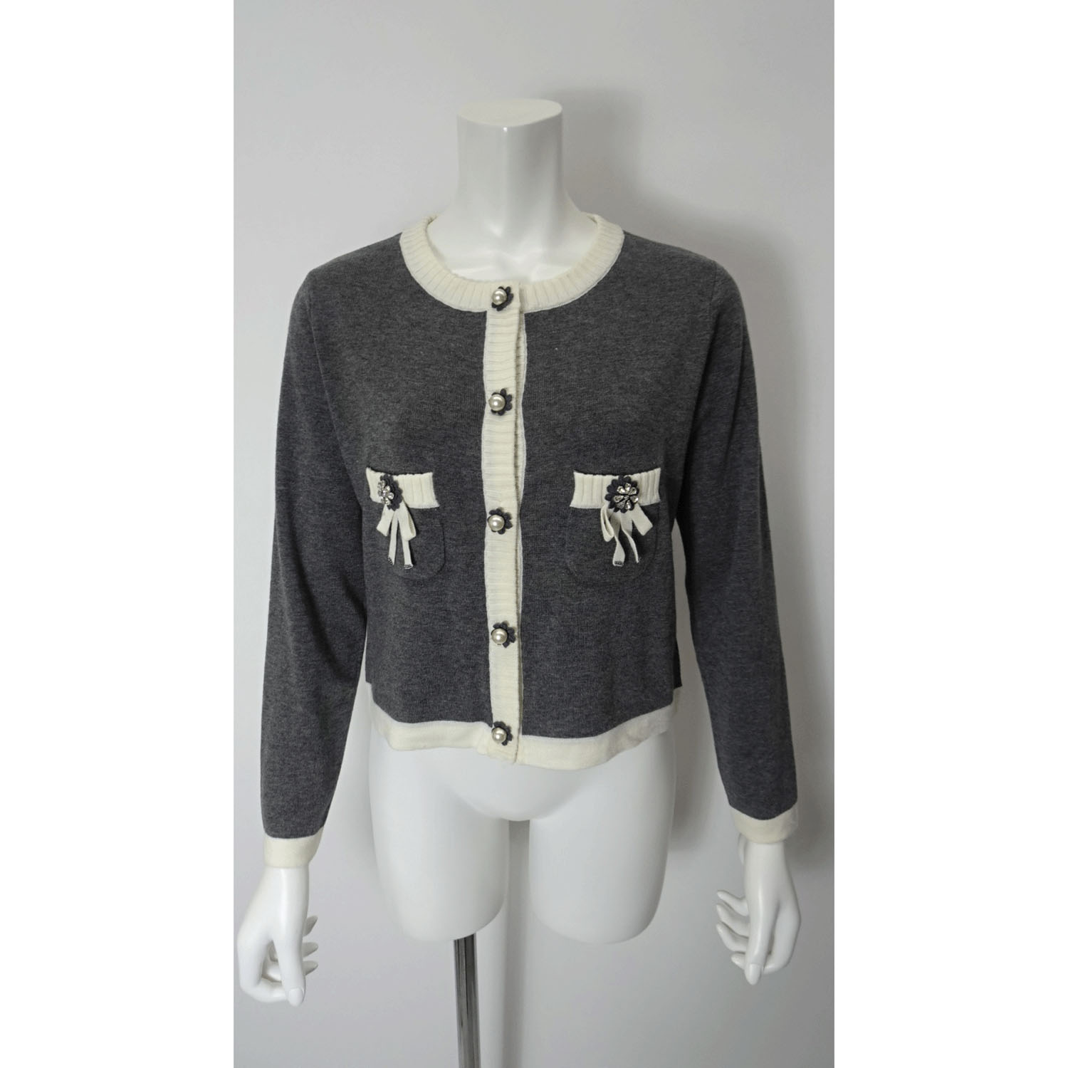 Super Beauty 配色ノーカラーニットカーディガン - 画像1