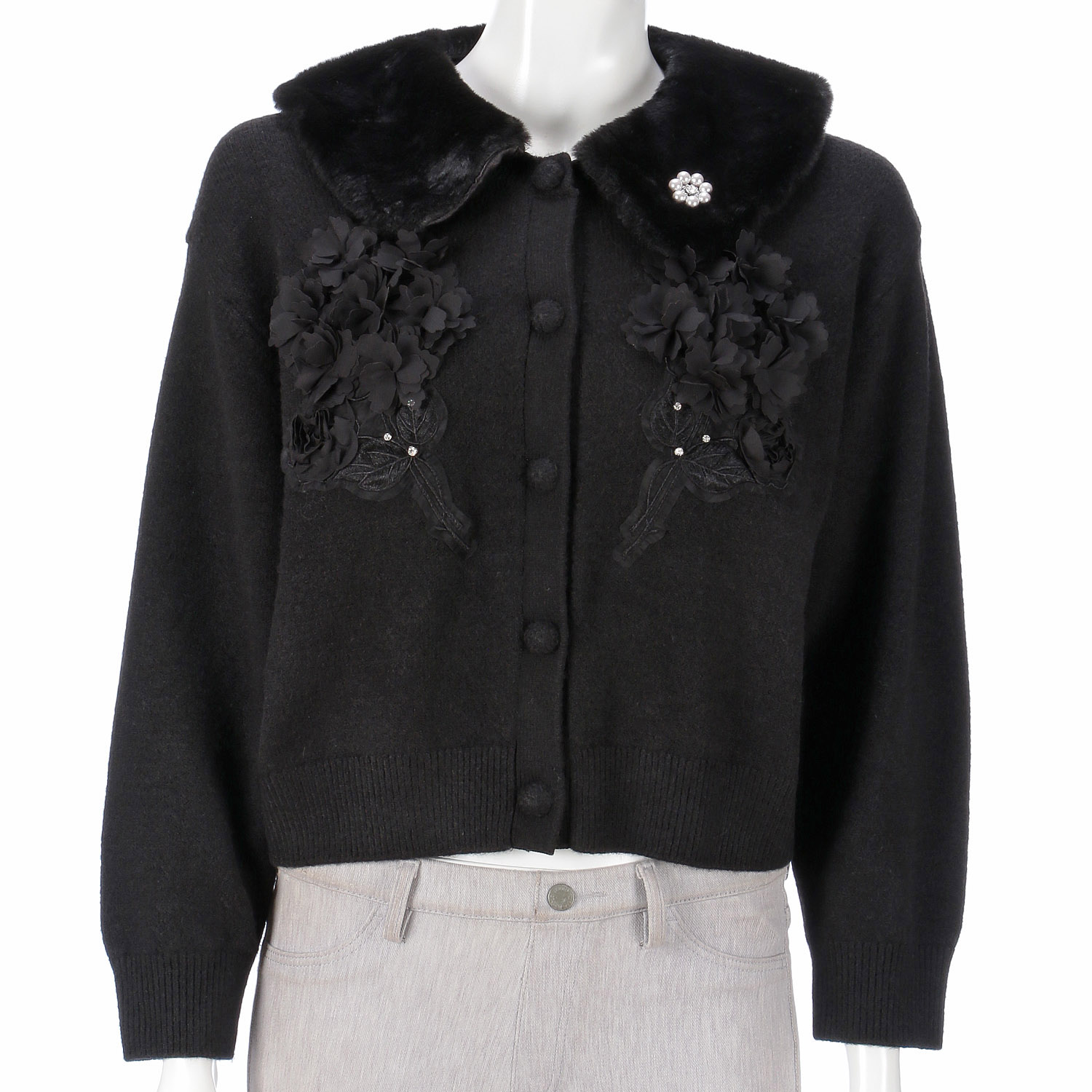 Super Beauty 胸元刺しゅう入りアニマルファー襟ニットカーディガン - 画像2