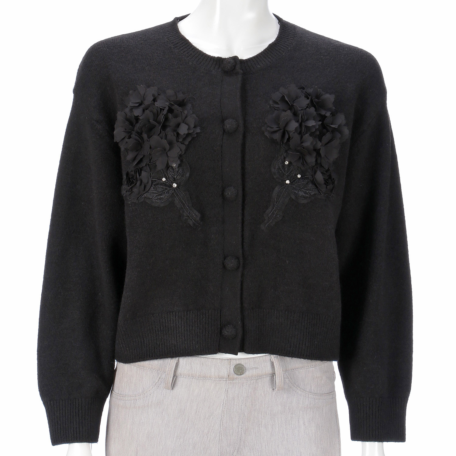 Super Beauty 胸元刺しゅう入りアニマルファー襟ニットカーディガン - 画像3