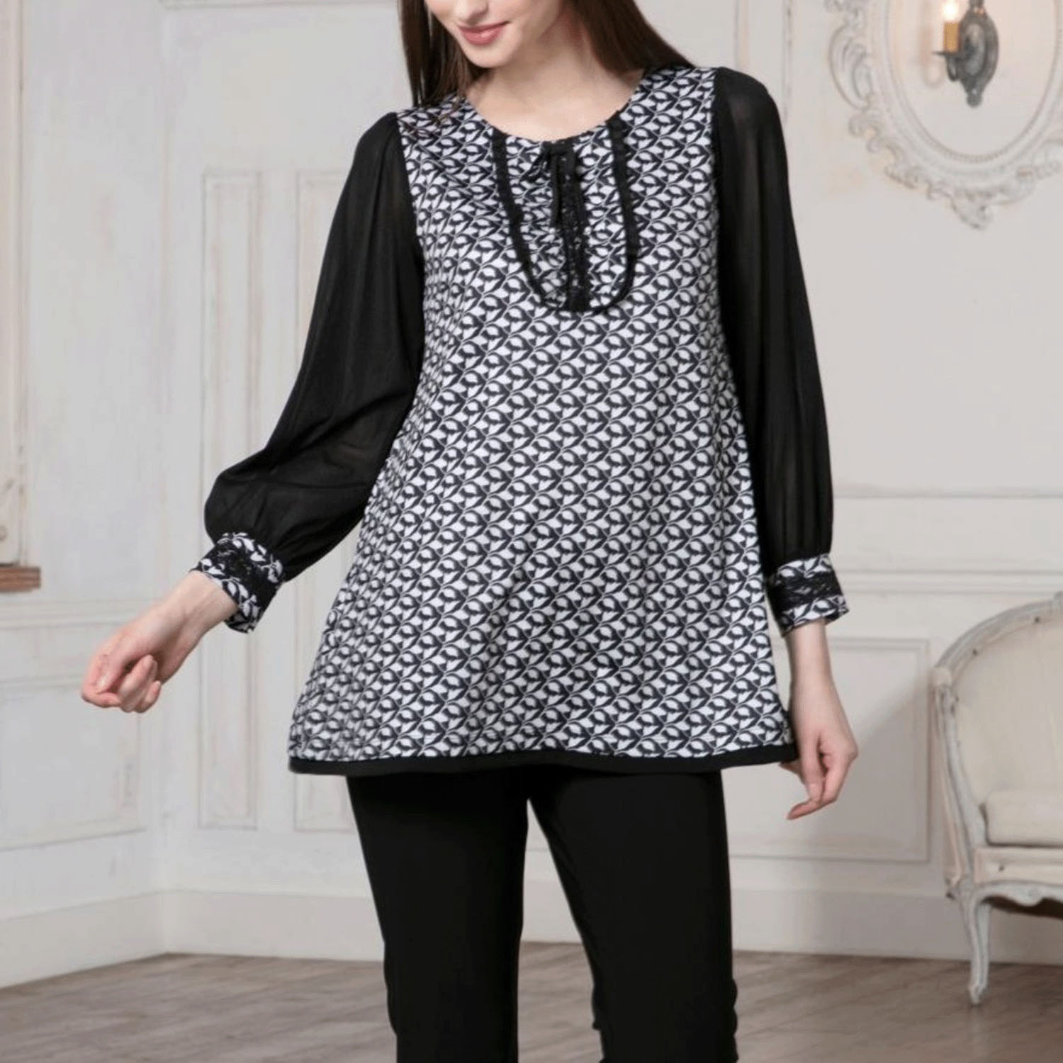 Super Beauty 袖パワーネット素材モノトーン柄チュニックカットソー - 画像2