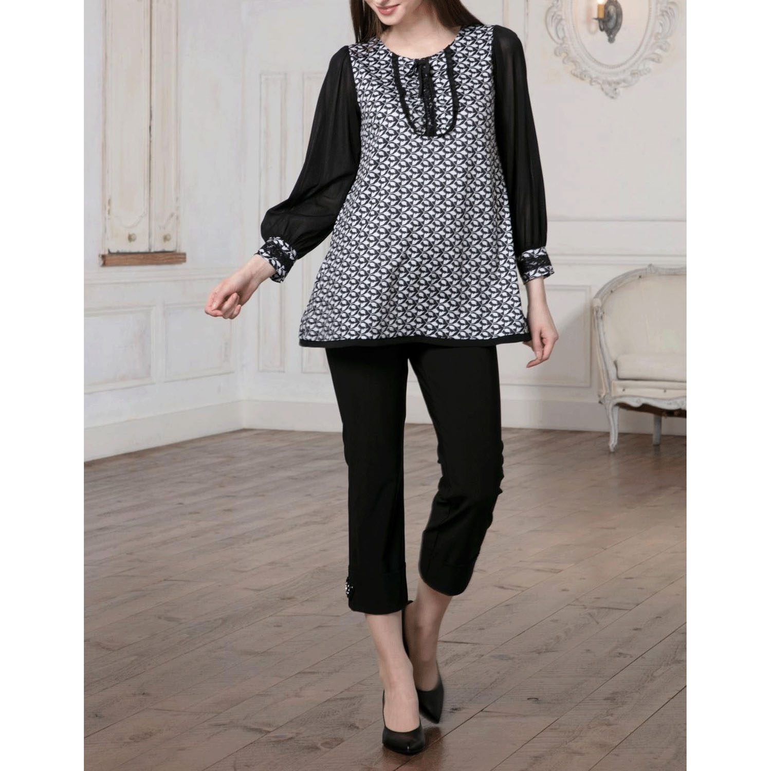 Super Beauty 袖パワーネット素材モノトーン柄チュニックカットソー - 画像3