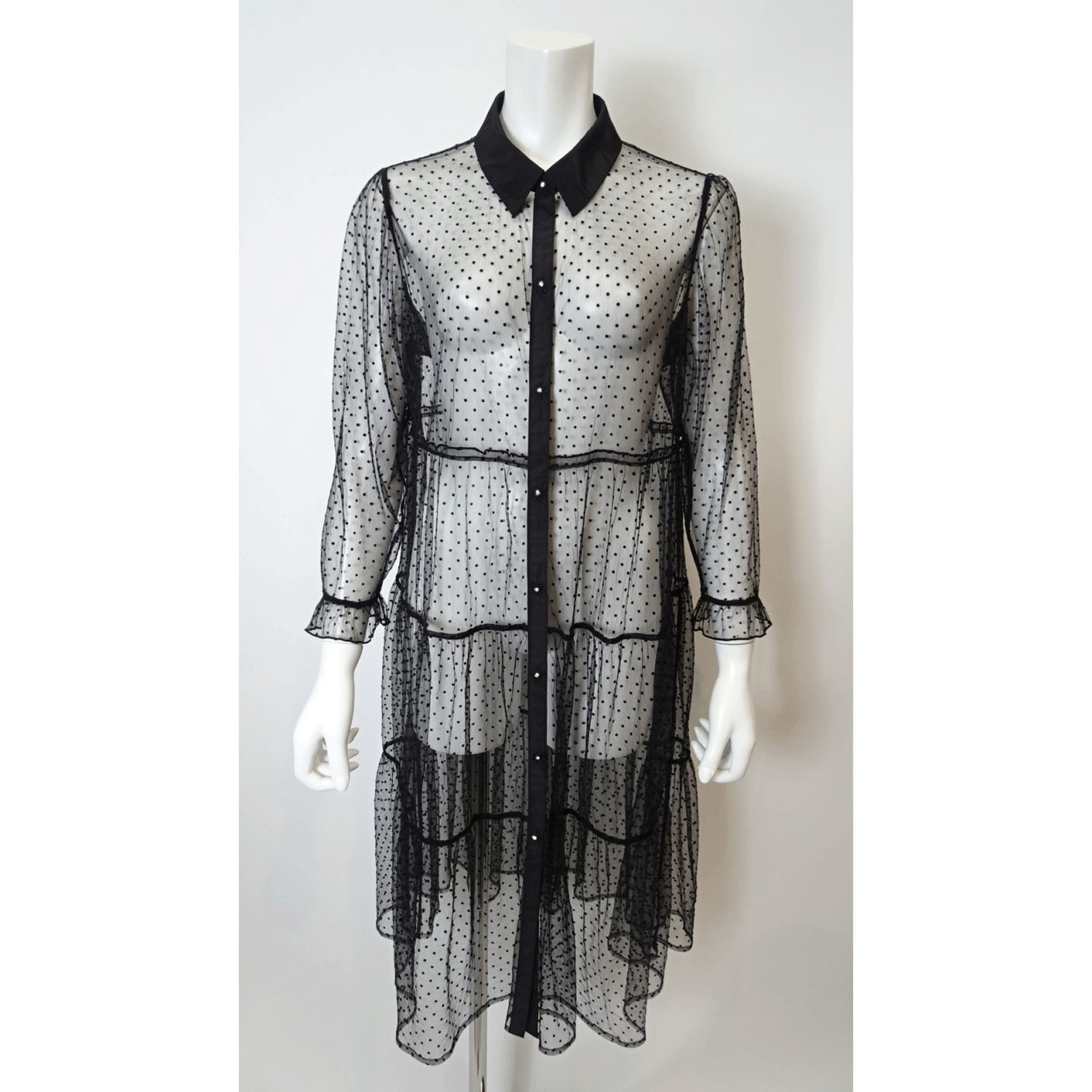 Super Beauty ドット柄チュール襟付きティアードブラウス - 画像2