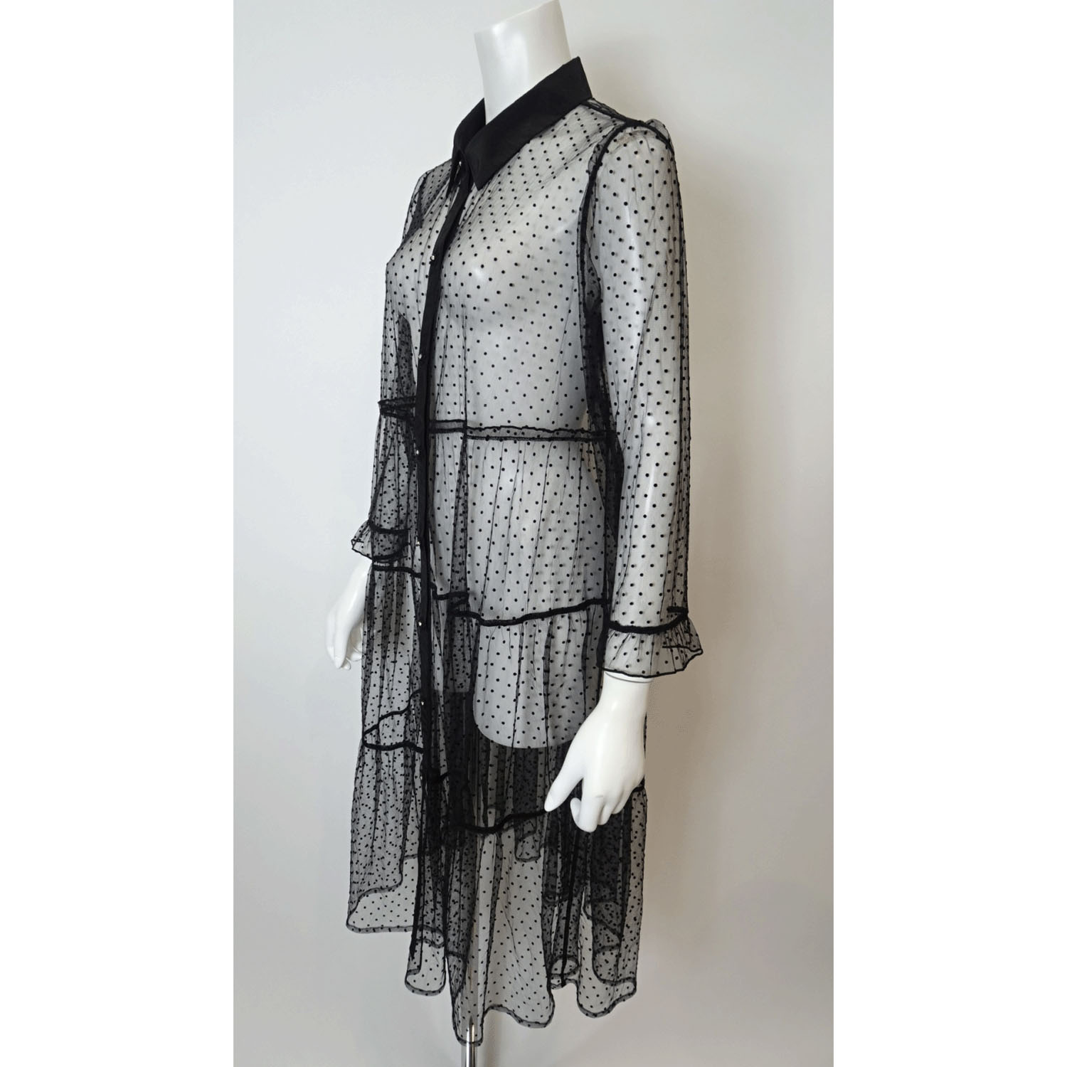 Super Beauty ドット柄チュール襟付きティアードブラウス - 画像3