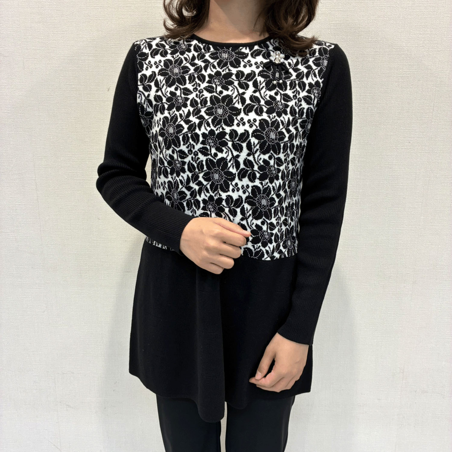 Super Beauty 花柄ジャカードニットチュニックプルオーバー