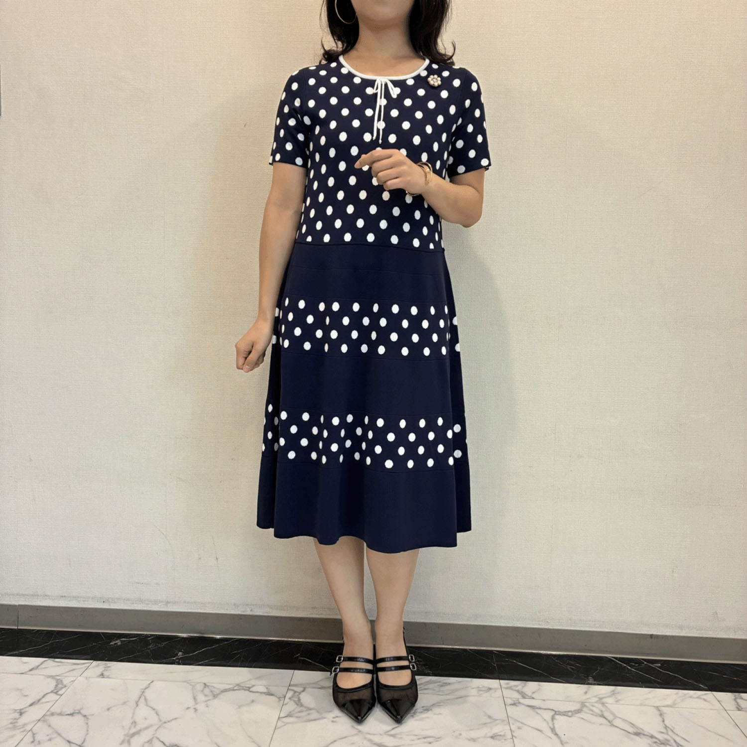 Super Beauty 水玉ジャカード編み切替ニットワンピース - 画像9