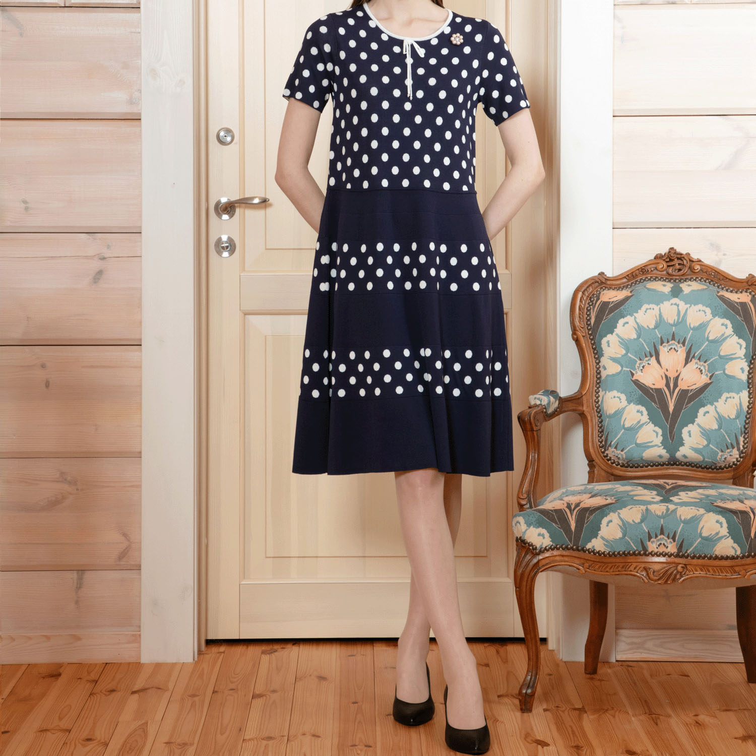 Super Beauty 水玉ジャカード編み切替ニットワンピース