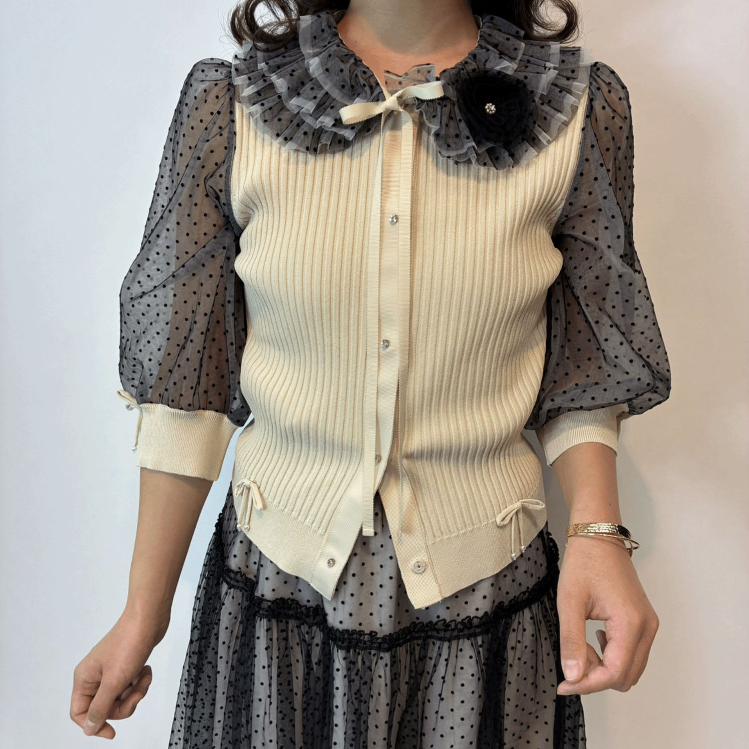 【3月中旬入荷予定】Super Beauty ドット柄袖＆衿のリブ編みニットカーディガン（衿着脱可） - 画像14