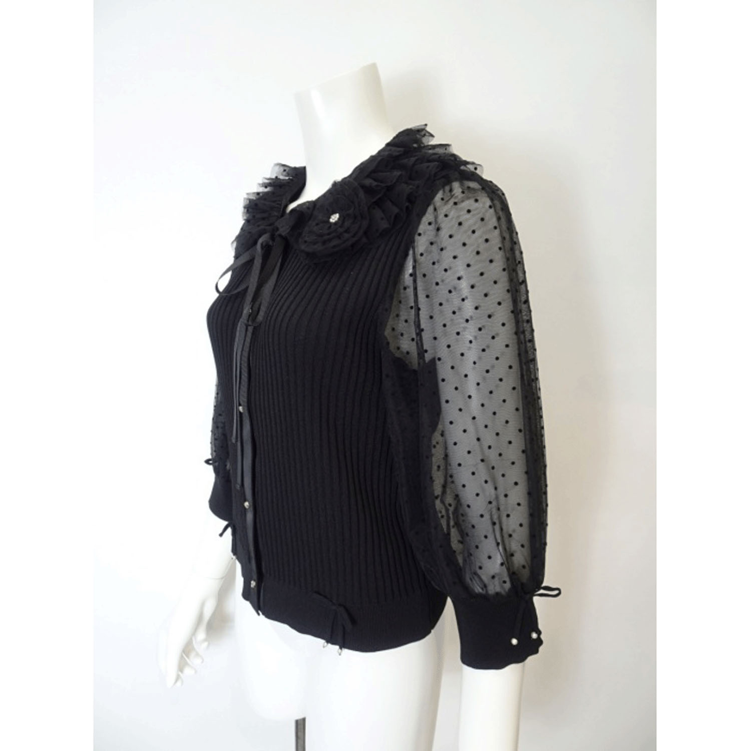 【3月中旬入荷予定】Super Beauty ドット柄袖＆衿のリブ編みニットカーディガン（衿着脱可） - 画像3