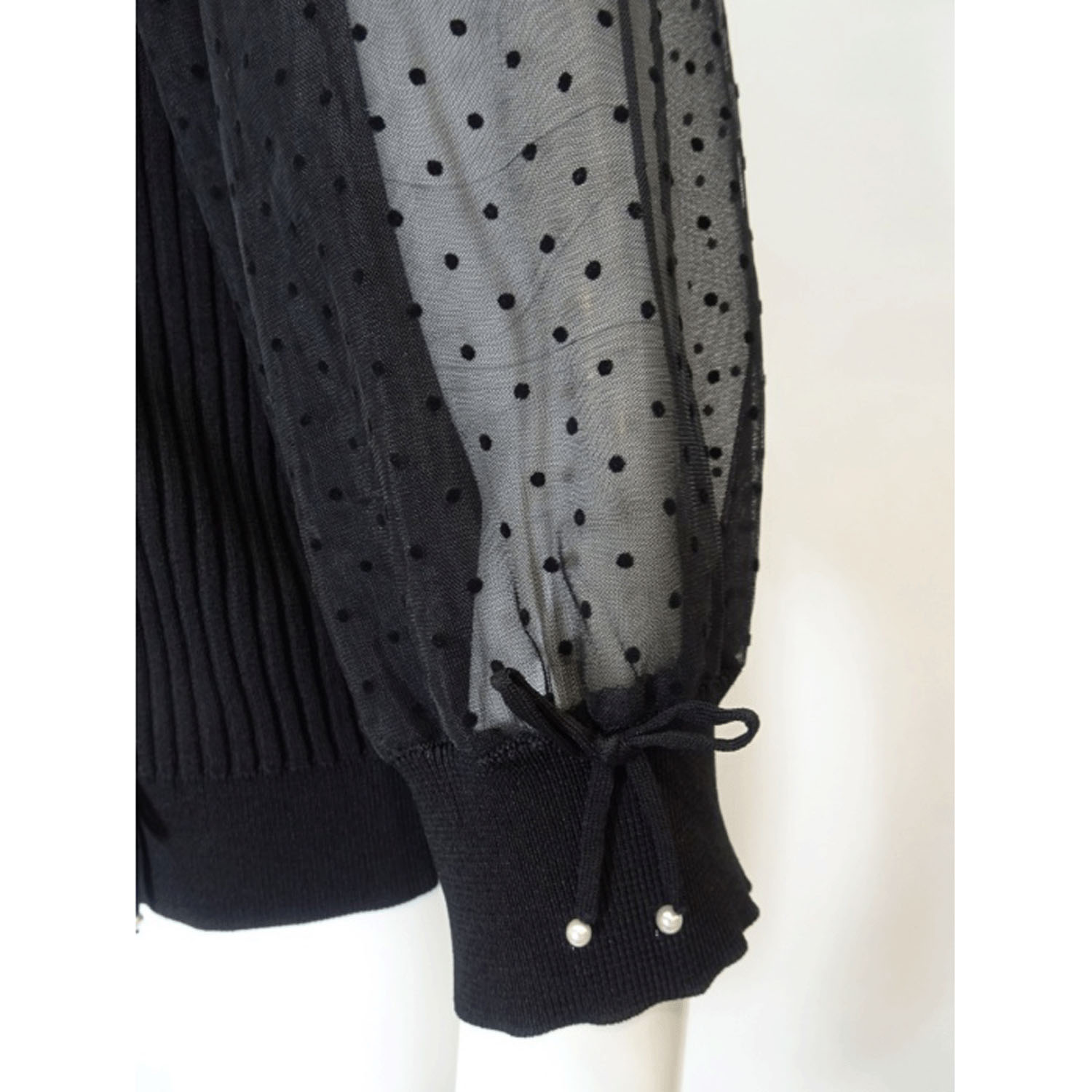 【3月中旬入荷予定】Super Beauty ドット柄袖＆衿のリブ編みニットカーディガン（衿着脱可） - 画像7
