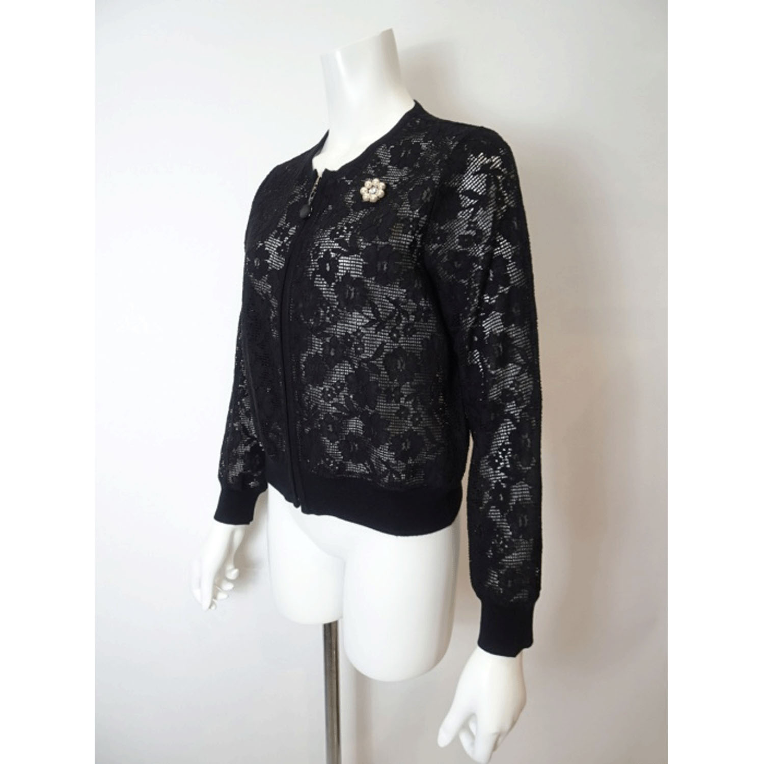 Super Beauty レース編みジップアップニットカーディガン - 画像3