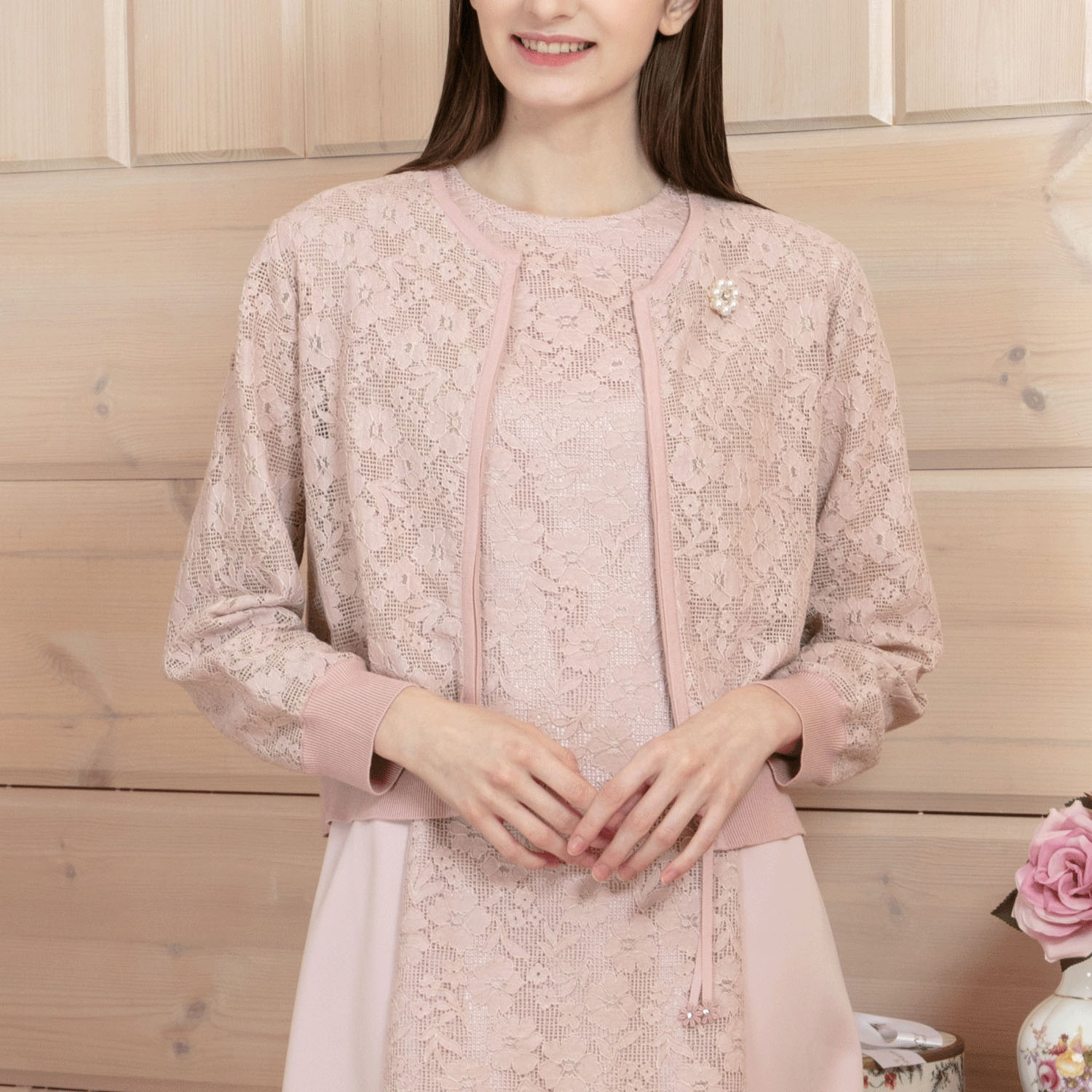 Super Beauty レース編みジップアップニットカーディガン