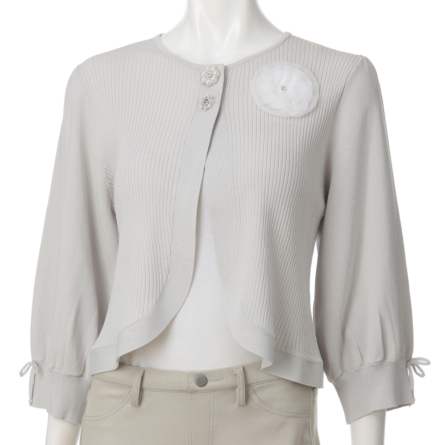 【4月初旬入荷予定】Super Beauty ジュエルボタン付きふんわりギャザー袖ニットボレロ - 画像3