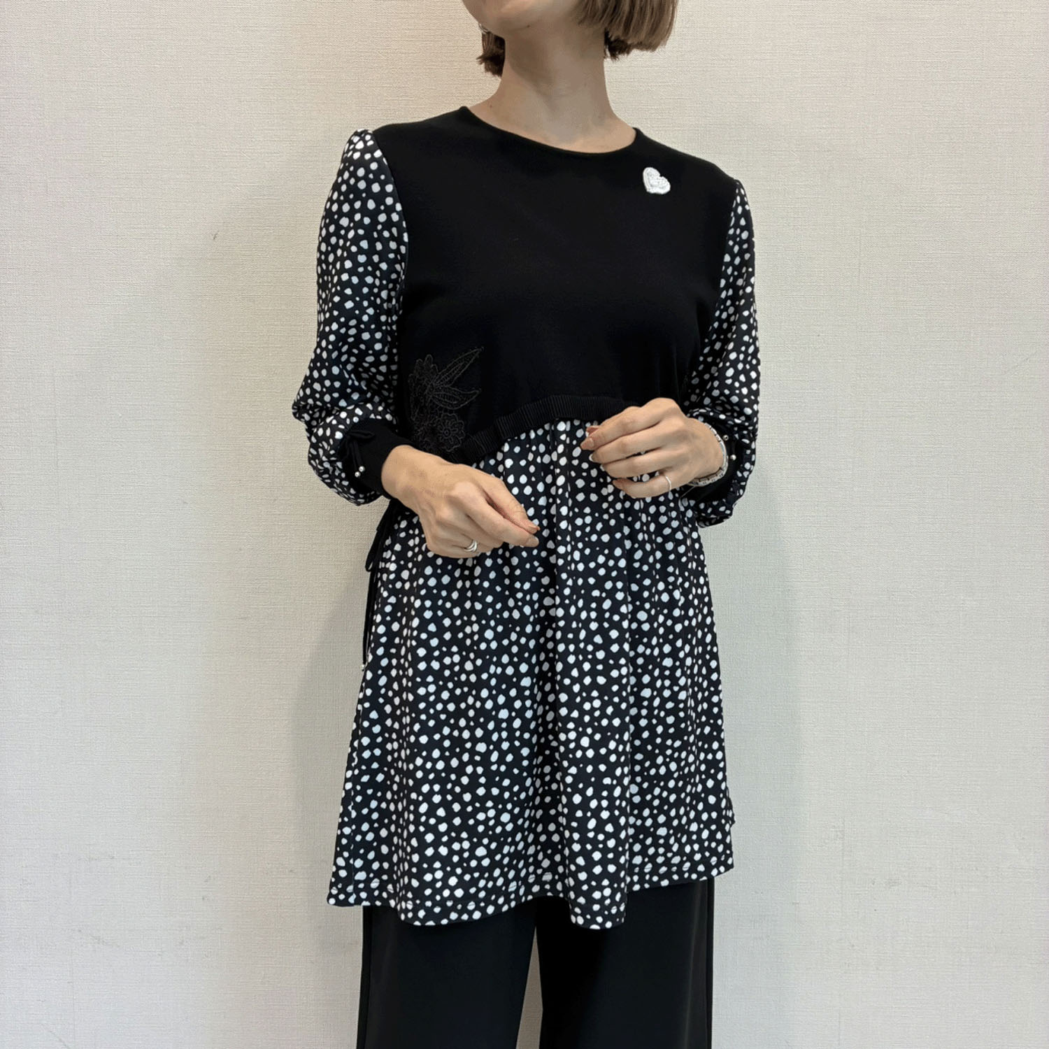 【Insta Live】Super Beauty 水玉柄異素材ドッキングチュニック - 画像2
