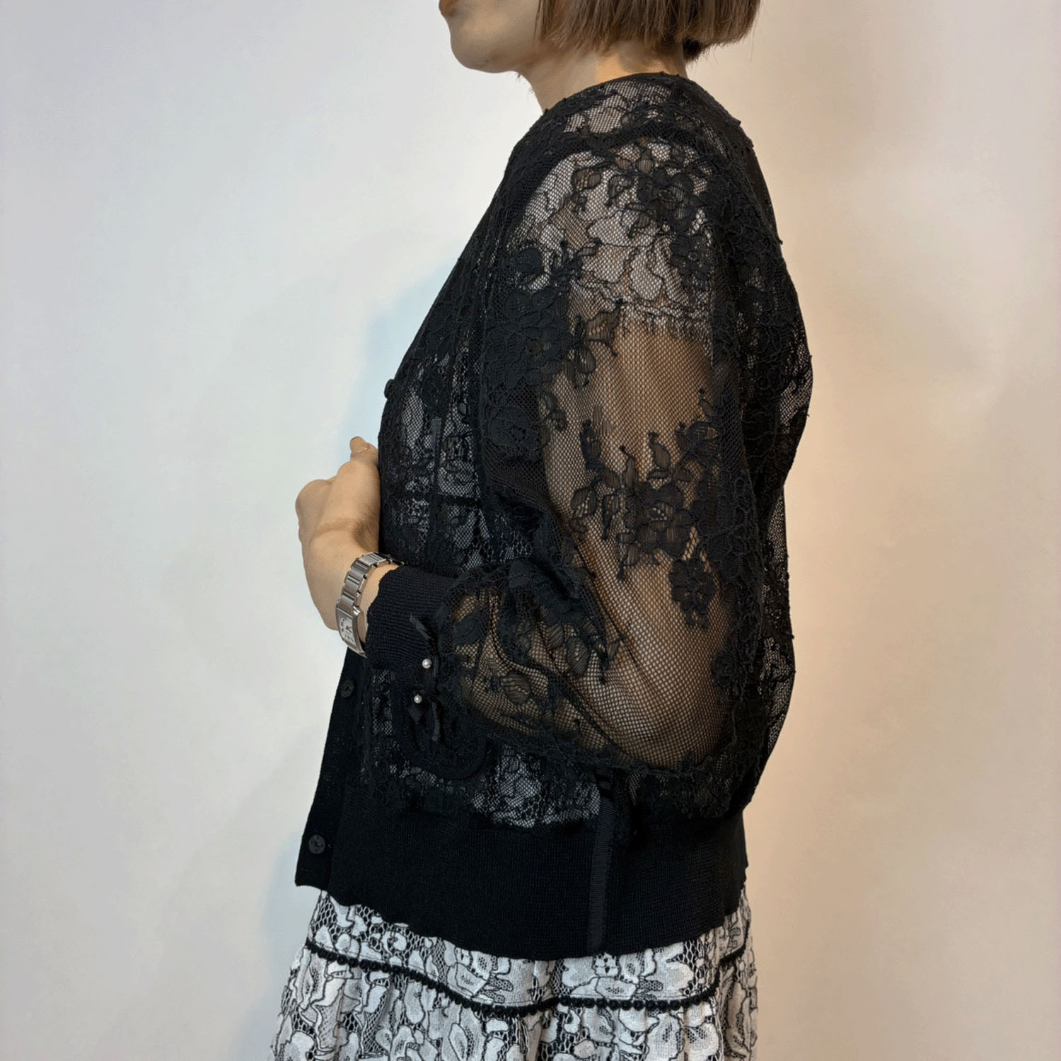 【4月上旬入荷予定】Super Beauty 透かしレース編みVネックニットカーディガン - 画像5
