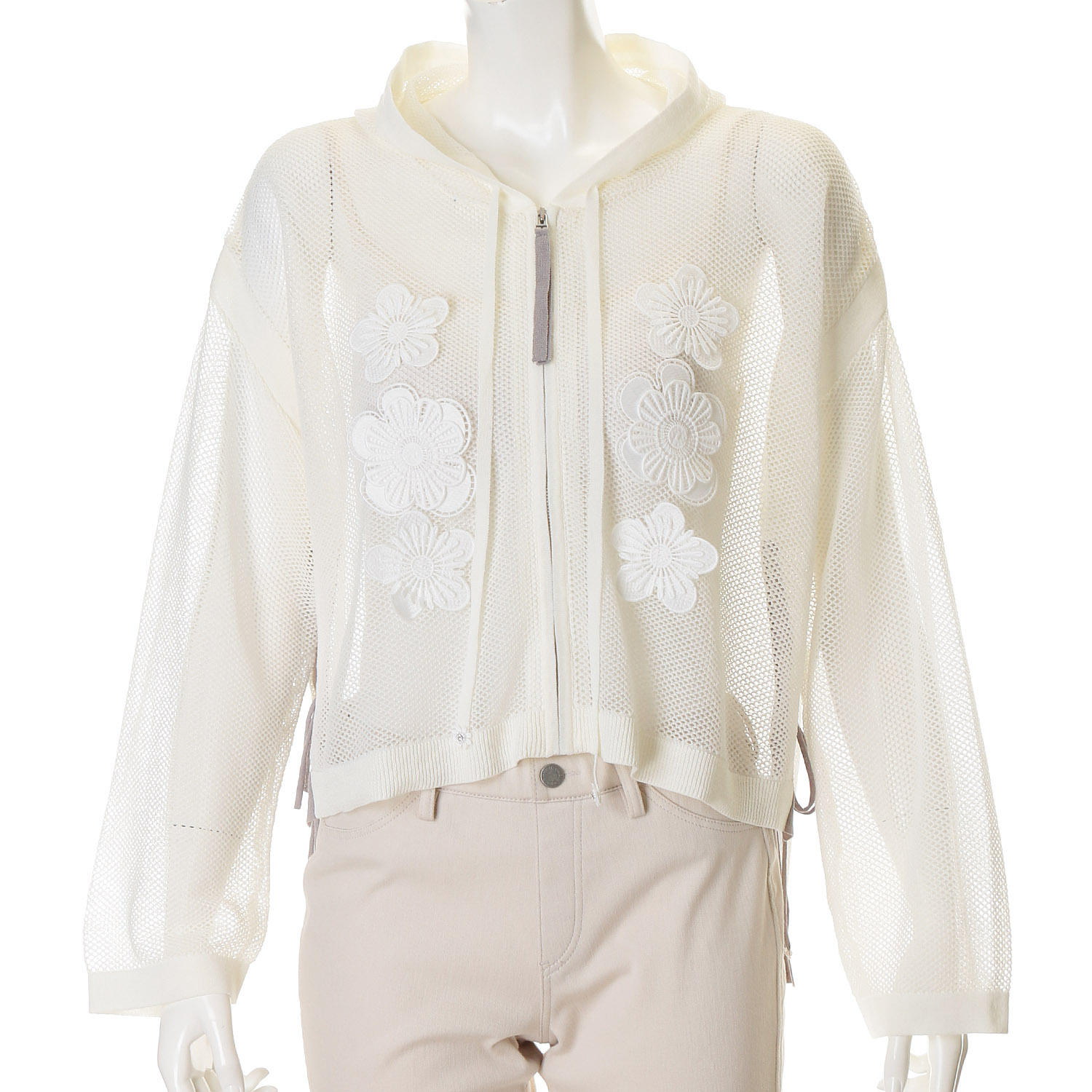 Super Beauty 花モチーフ付透かし編みニットパーカー - 画像1