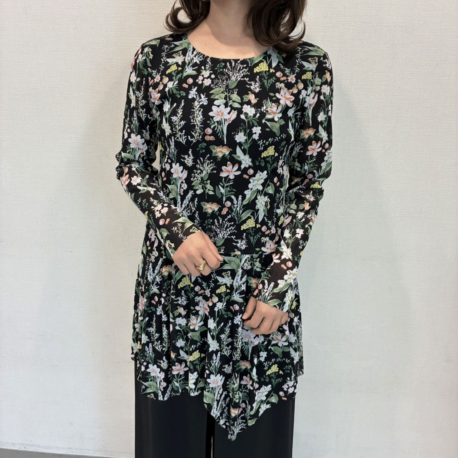 Super Beauty アシンメトリーヘム花柄プリントパワーネット素材チュニック