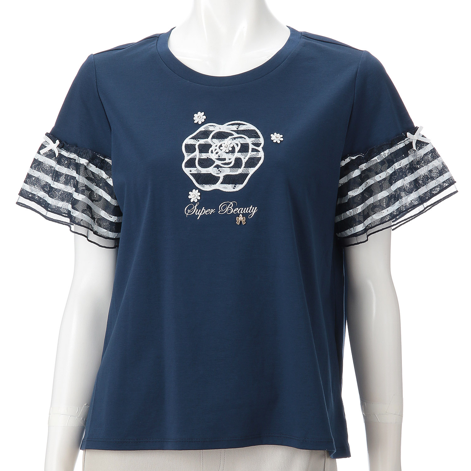 【3月下旬入荷予定】Super Beauty 胸元花刺しゅう袖ボーダー柄フリルTシャツ - 画像14