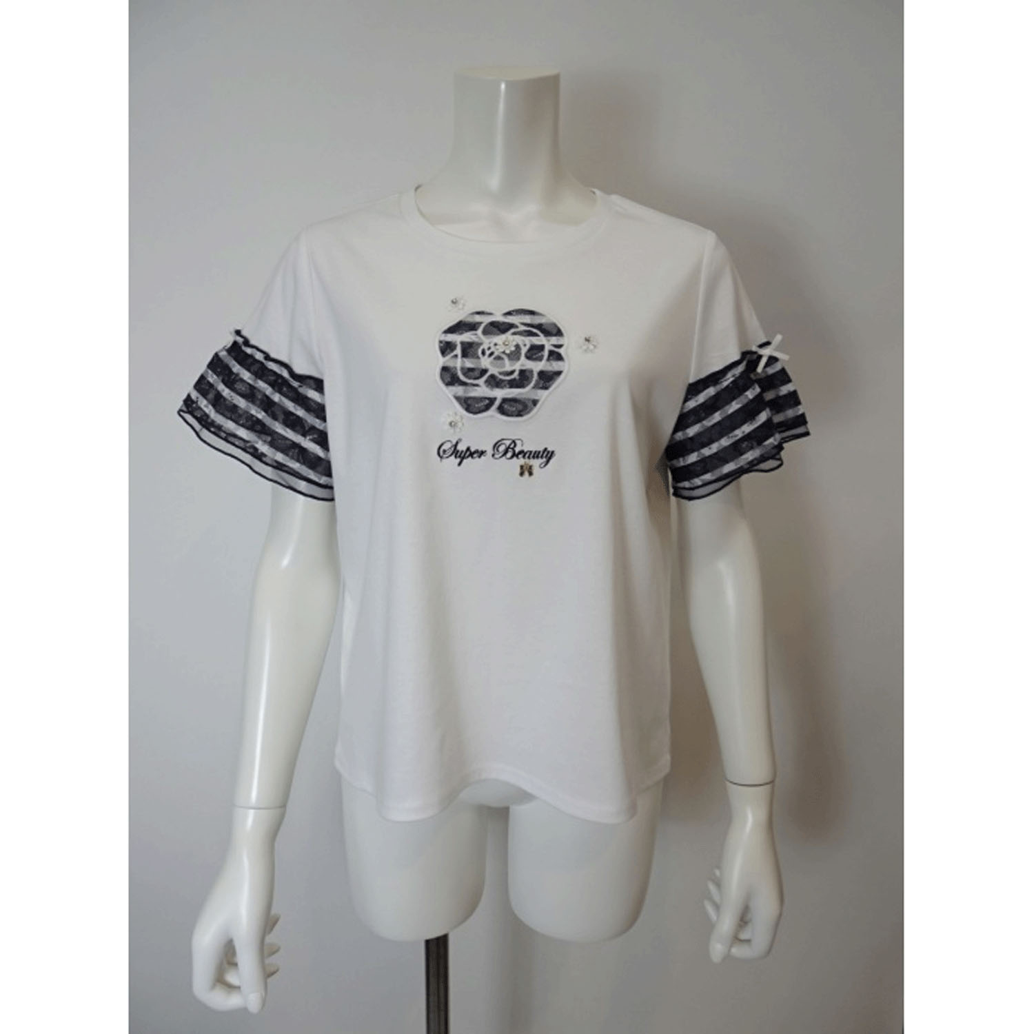 【3月下旬入荷予定】Super Beauty 胸元花刺しゅう袖ボーダー柄フリルTシャツ - 画像8