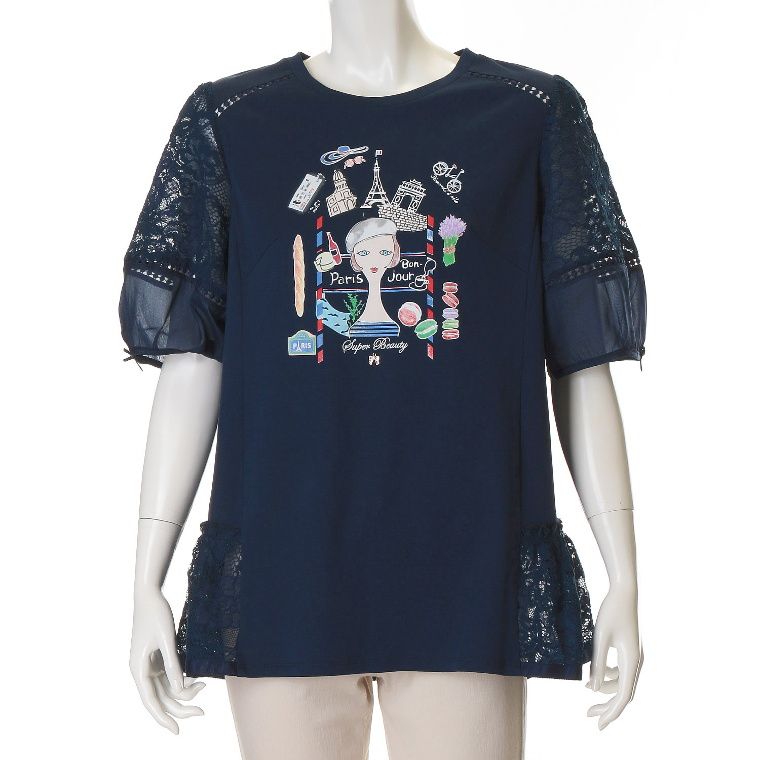 Super Beauty 胸元Parisモチーフプリント レース切替×パフ袖ロングTシャツ - 画像17