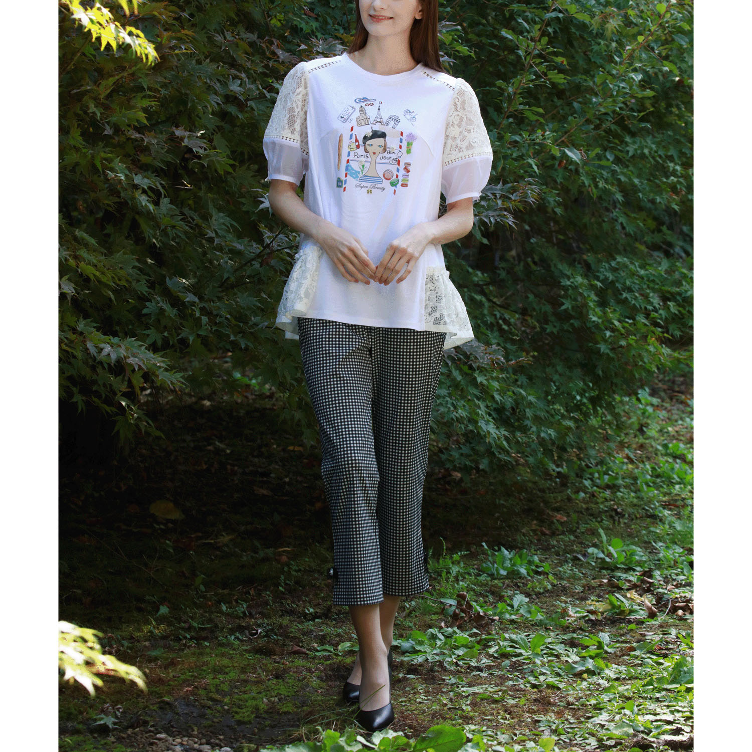 【4月中旬入荷予定】Super Beauty 胸元Parisモチーフプリント レース切替×パフ袖ロングTシャツ - 画像3