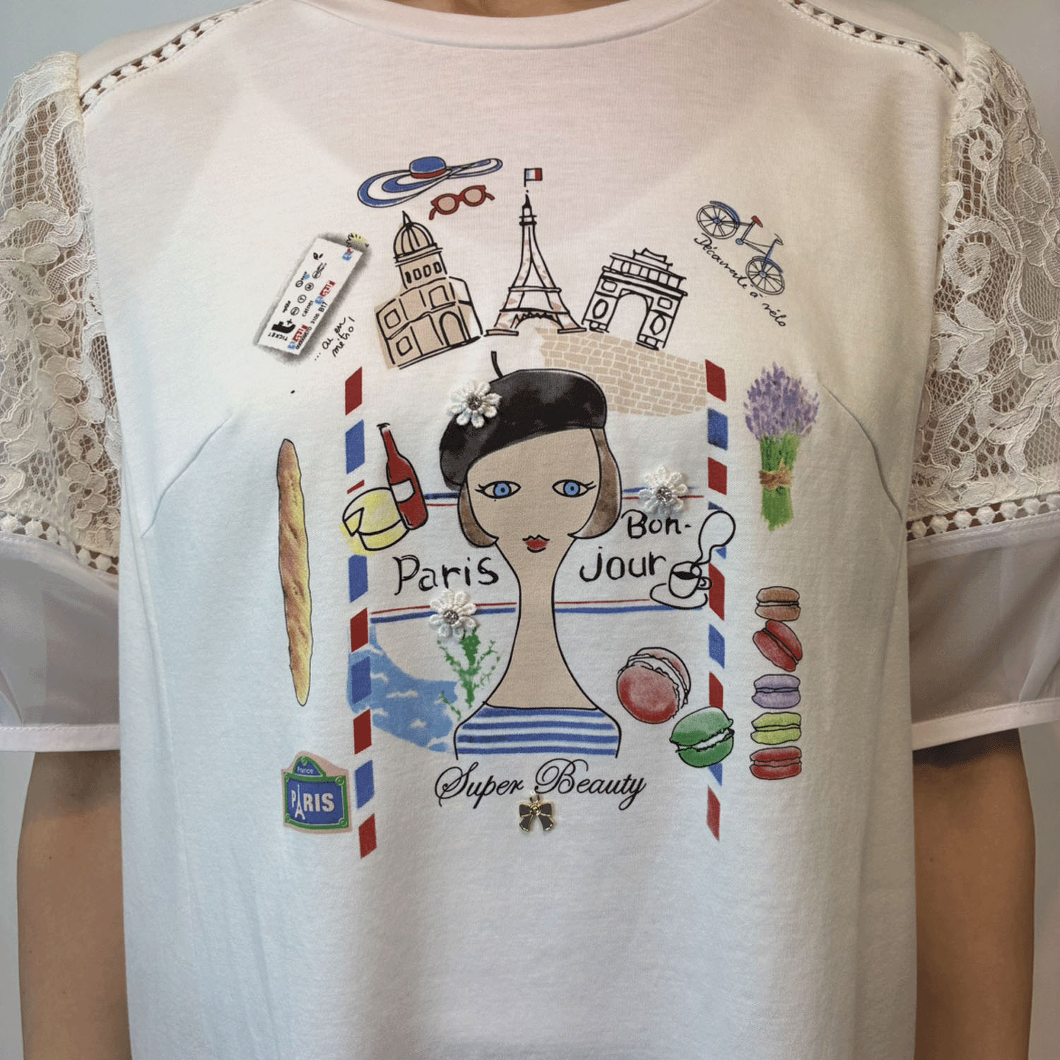 【4月中旬入荷予定】Super Beauty 胸元Parisモチーフプリント レース切替×パフ袖ロングTシャツ - 画像7