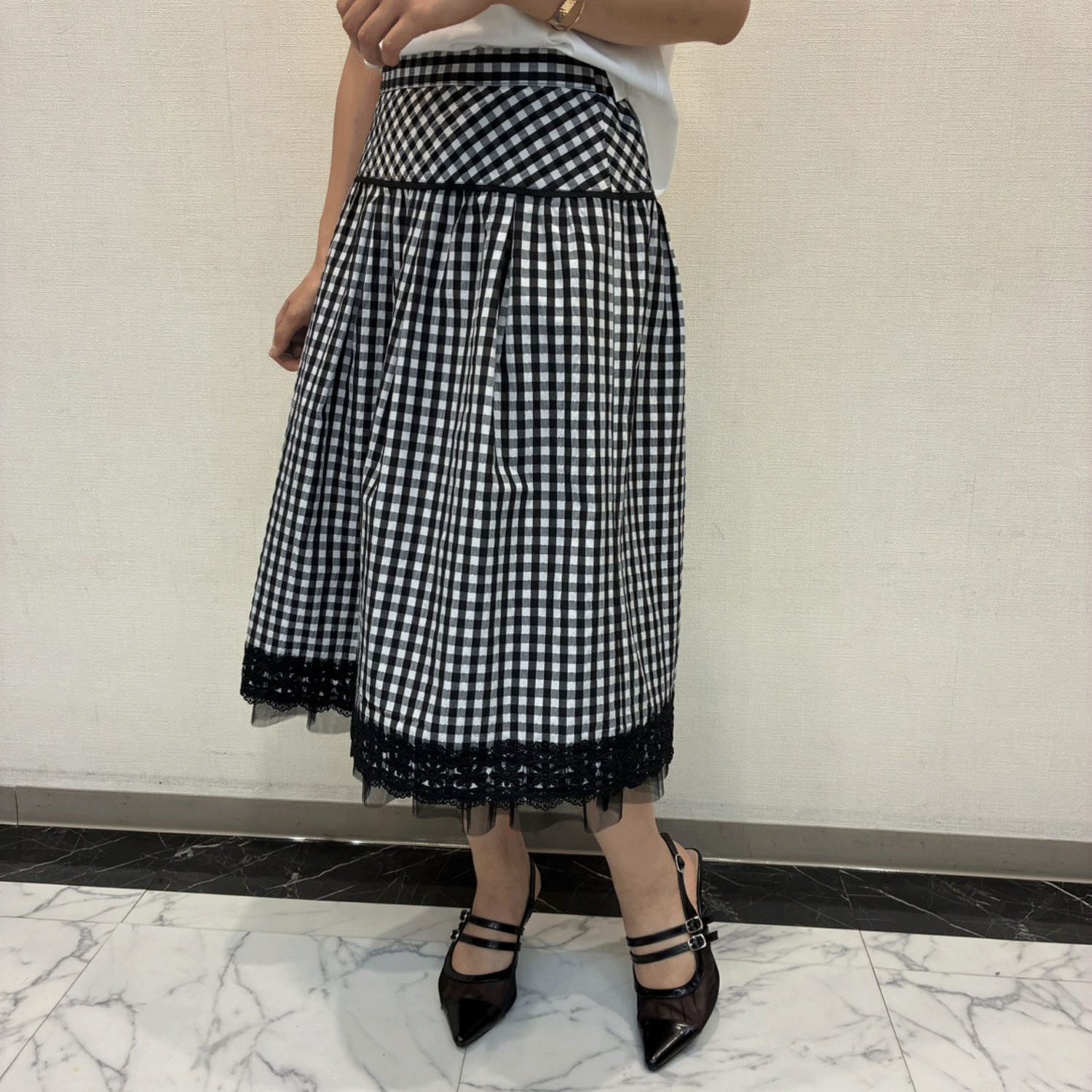 Super Beauty ギンガムチェック 裾レースタックデザインスカート - 画像1