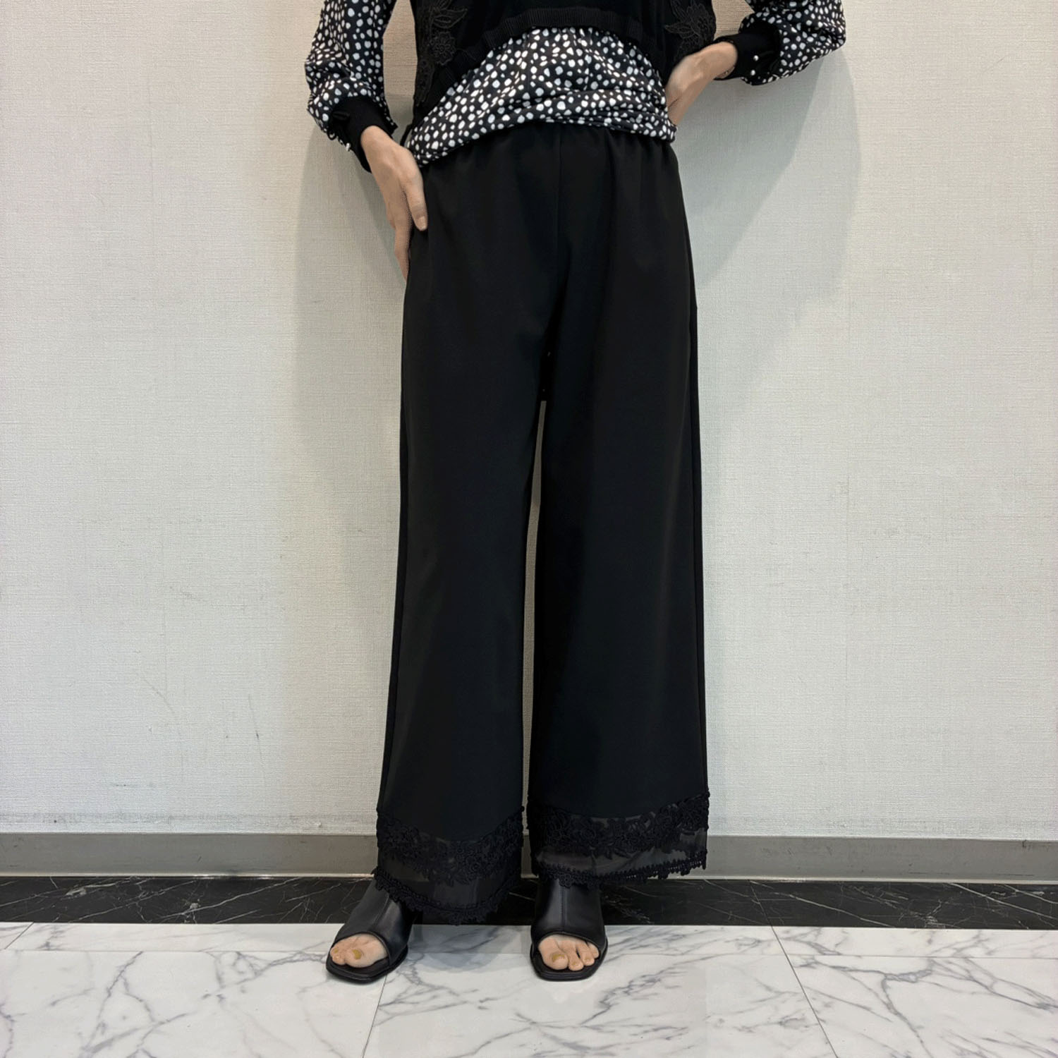 Super Beauty 裾レース×ジョーゼット素材切替ワイドパンツ