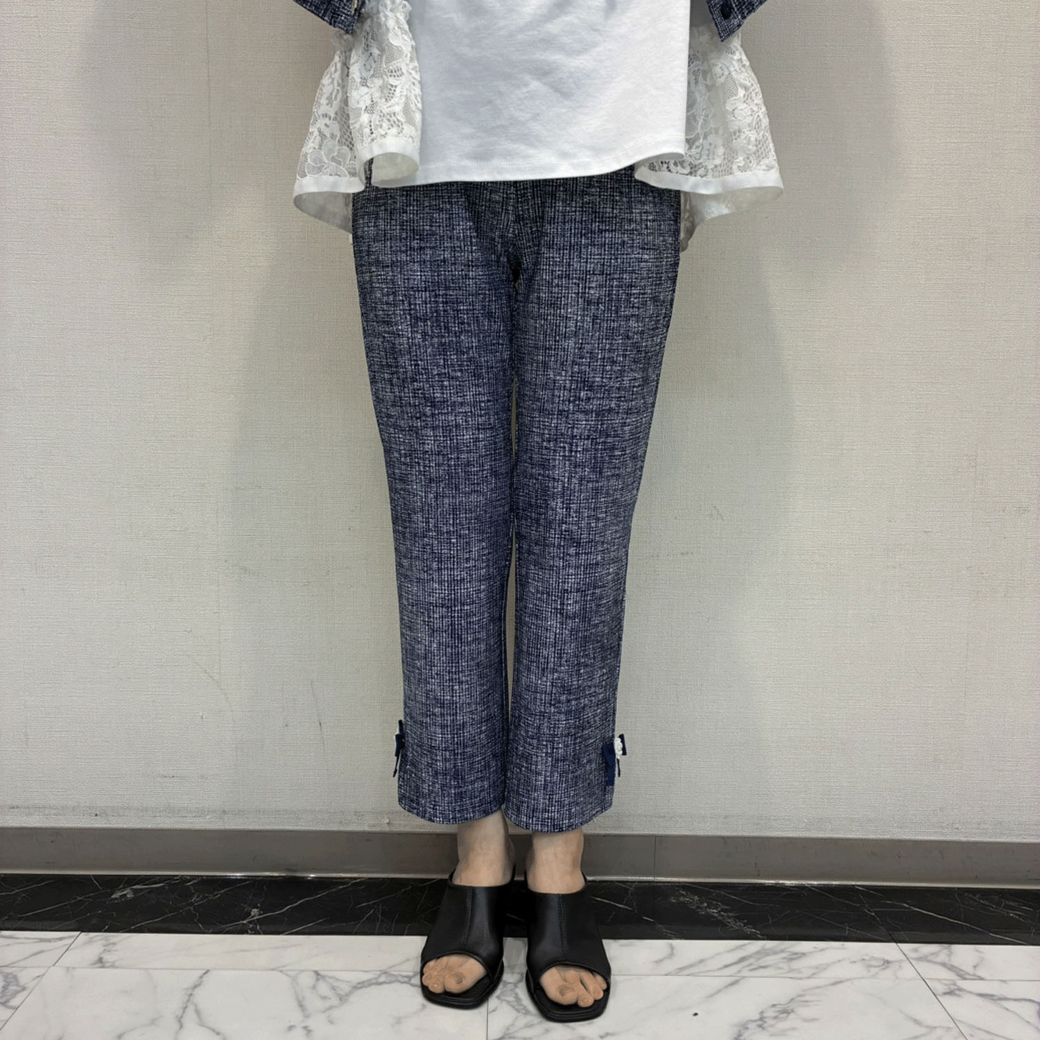 Super Beauty リボン×花モチーフ付サイドスリットチェック柄パンツ - 画像2