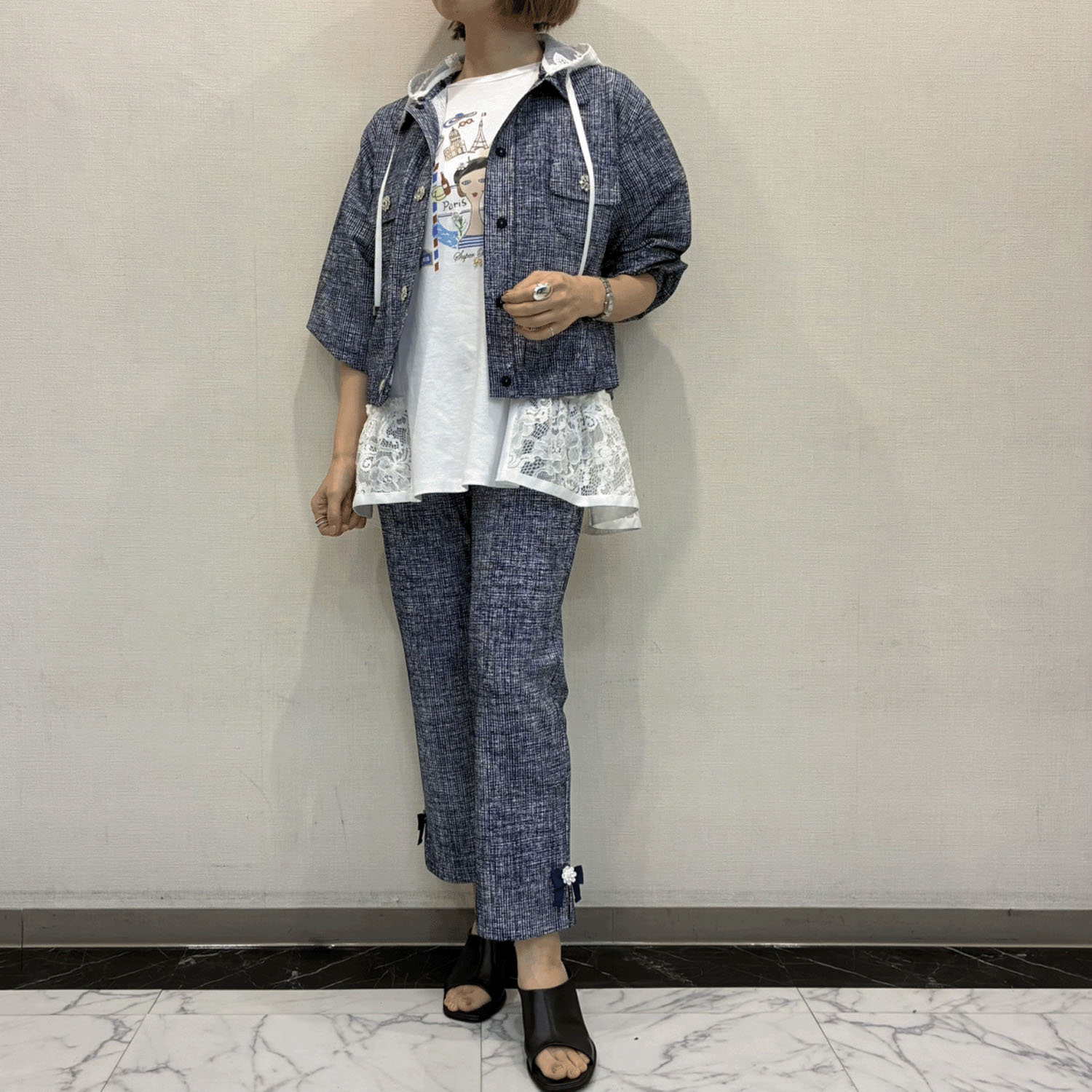 Super Beauty リボン×花モチーフ付サイドスリットチェック柄パンツ - 画像5