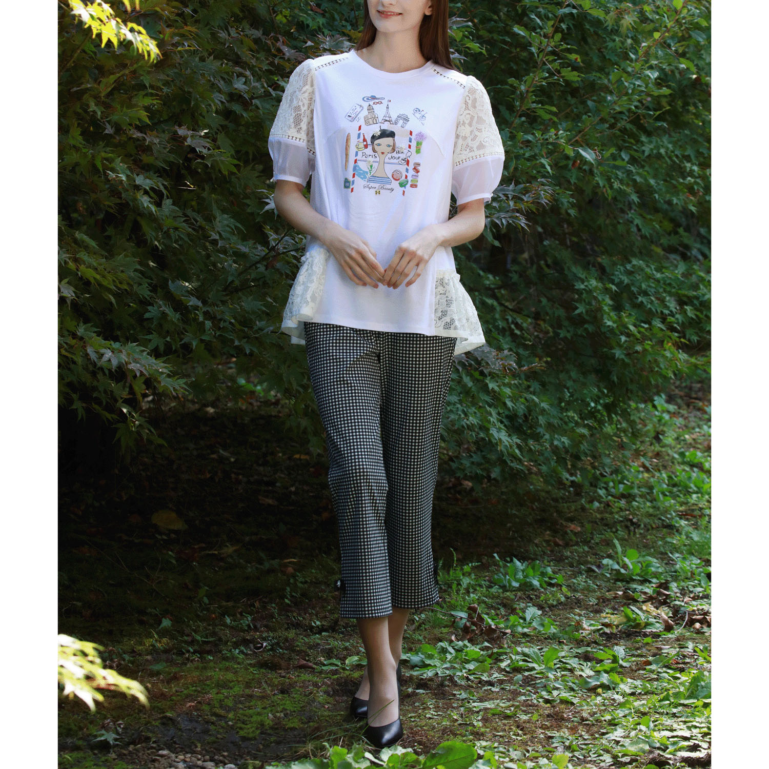 【4月中旬入荷予定】Super Beauty リボン×花モチーフ付サイドスリットギンガムチェック素材パンツ - 画像3