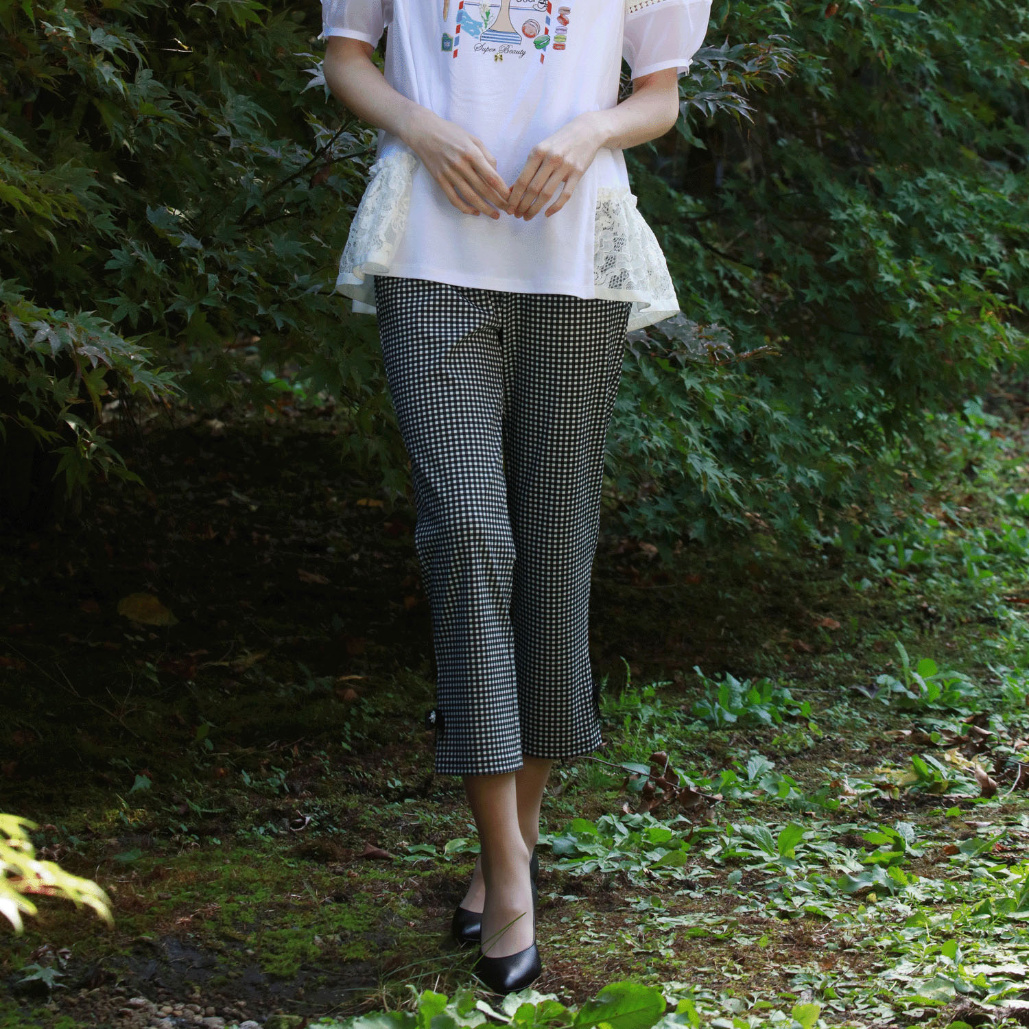 【4月中旬入荷予定】Super Beauty リボン×花モチーフ付サイドスリットギンガムチェック素材パンツ