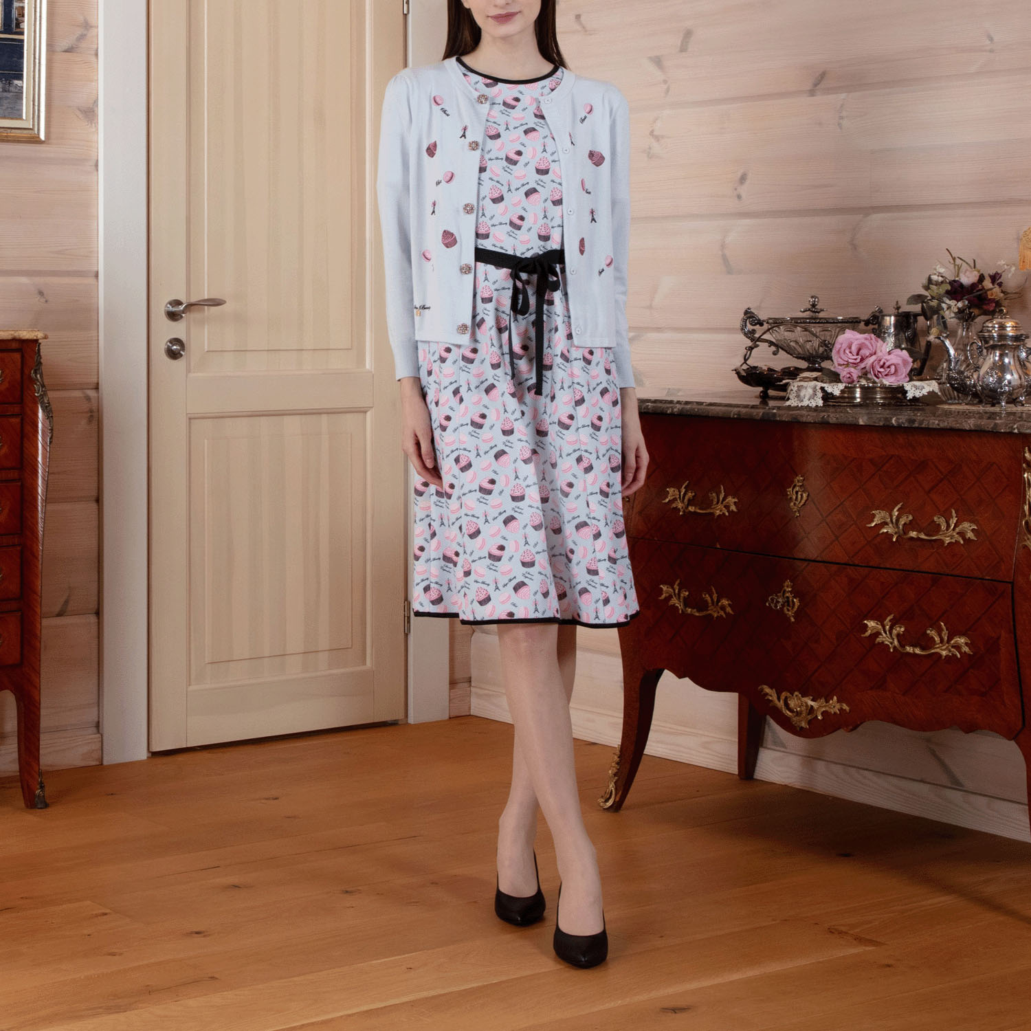 【Insta Live】Super Beauty エッフェル塔モチーフ付スイーツ柄プリント半袖ワンピース - 画像2