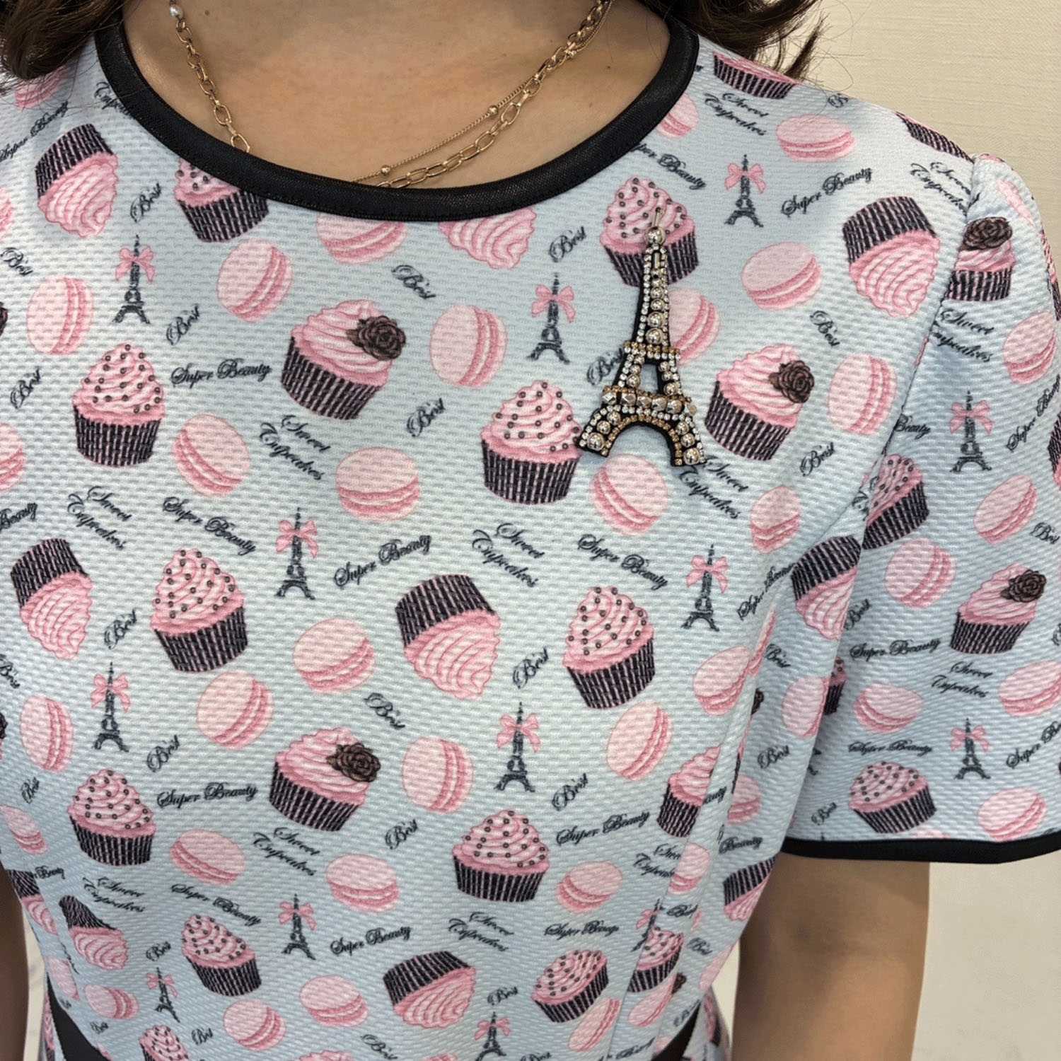 【Insta Live】Super Beauty エッフェル塔モチーフ付スイーツ柄プリント半袖ワンピース - 画像7