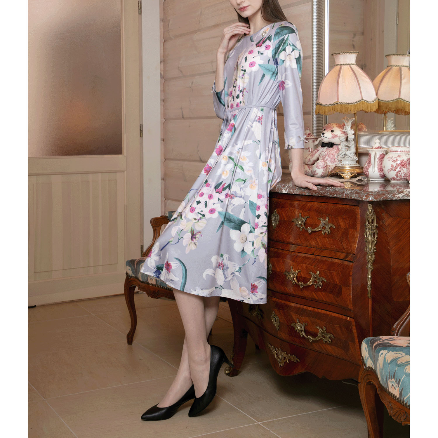 Super Beauty 大花プリント七分袖ワンピース - 画像1