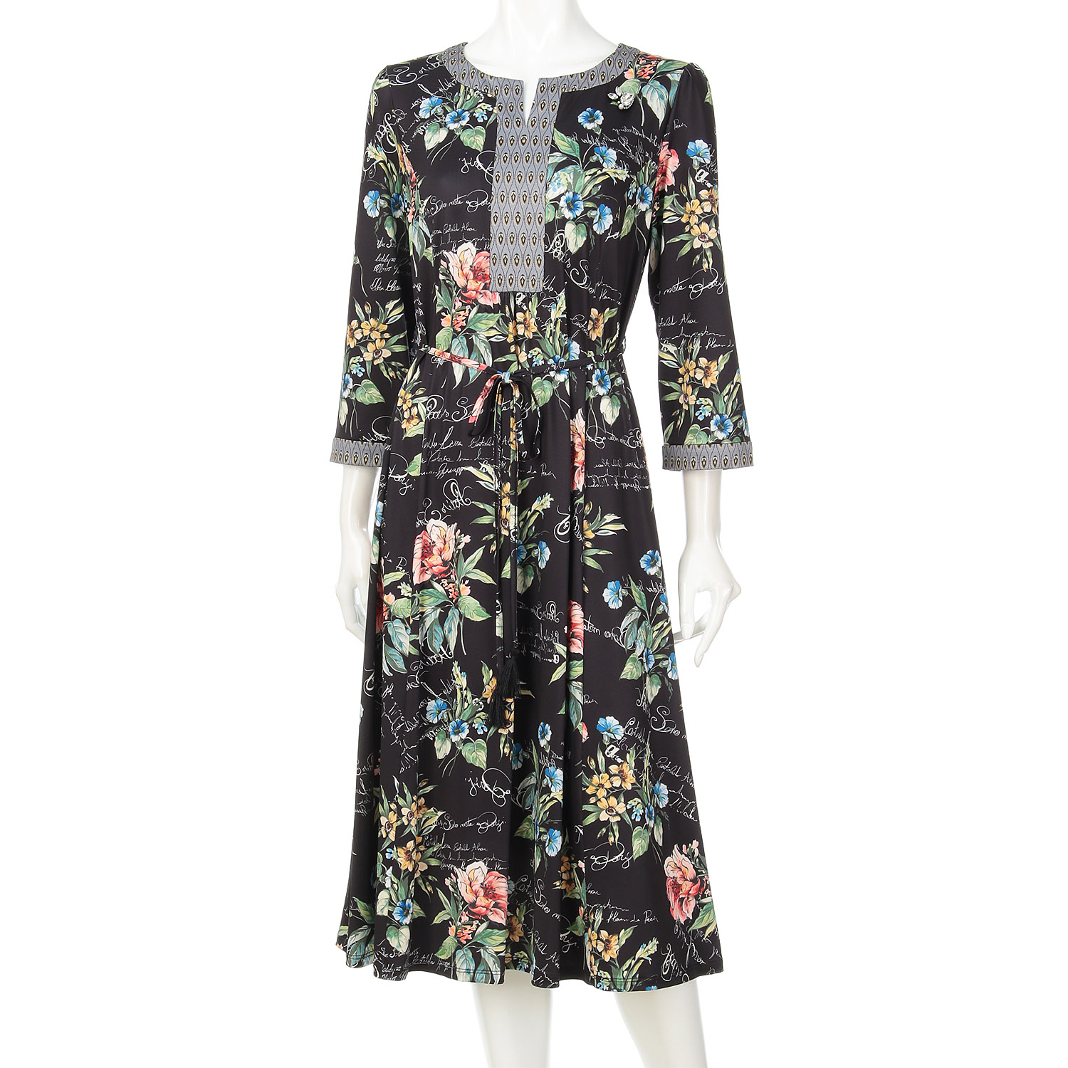 Super Beauty 胸元スリット入り多色使いジャージ素材七分袖ワンピース - 画像2