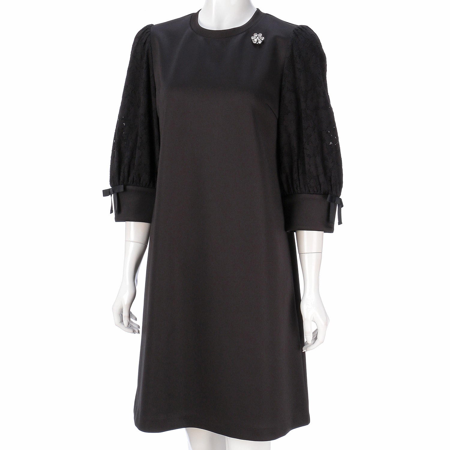 Super Beauty 袖レース使いダンボールニット素材七分袖ワンピース - 画像1