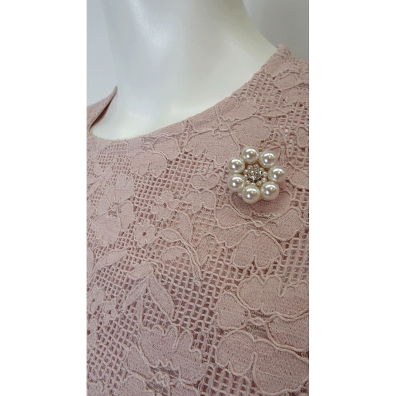 Super Beauty 前立て透かしレース切替ダンボールニット素材フレンチスリーブワンピース - 画像19