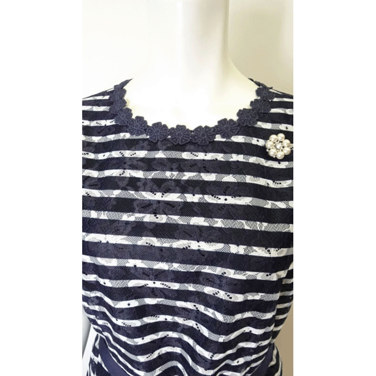 Super Beauty ボーダープリントレース素材半袖ワンピース - 画像16