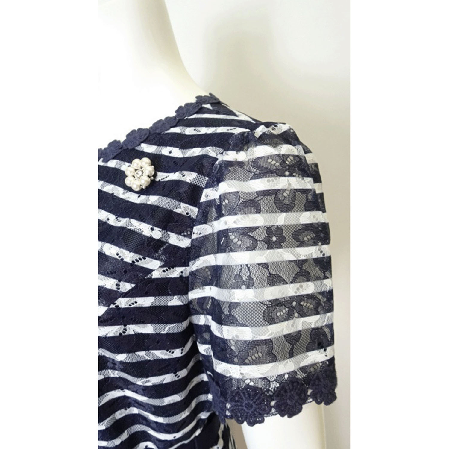 Super Beauty ボーダープリントレース素材半袖ワンピース - 画像17