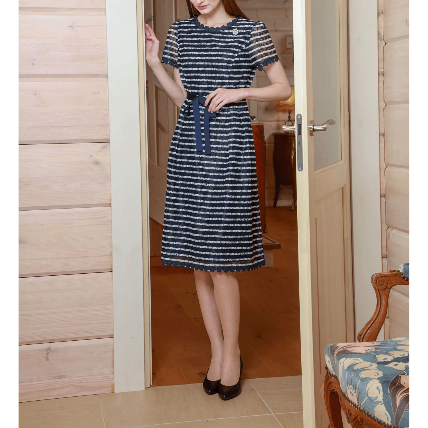 Super Beauty ボーダープリントレース素材半袖ワンピース - 画像8