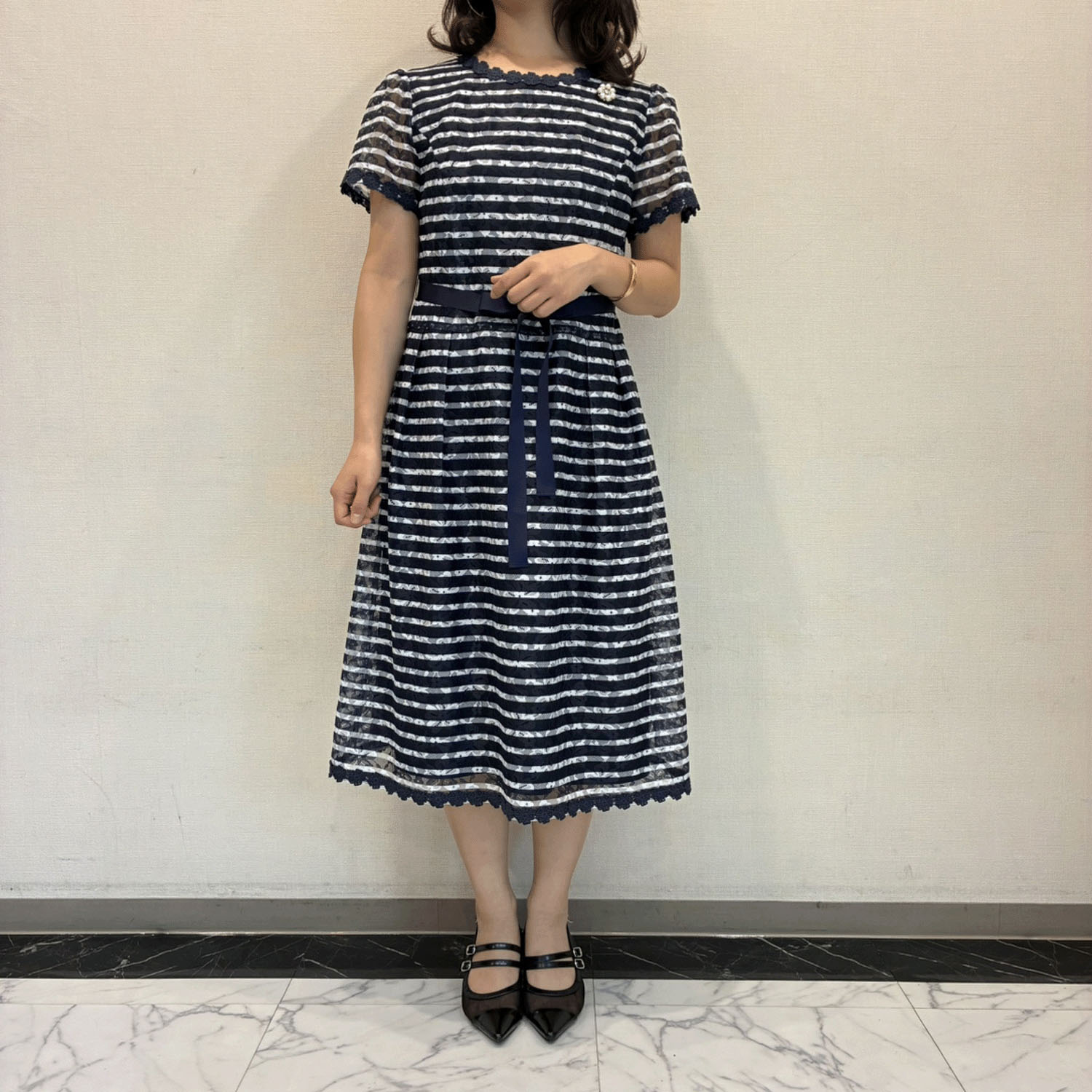 【3月下旬入荷予定】Super Beauty ボーダープリントレース素材半袖ワンピース - 画像9